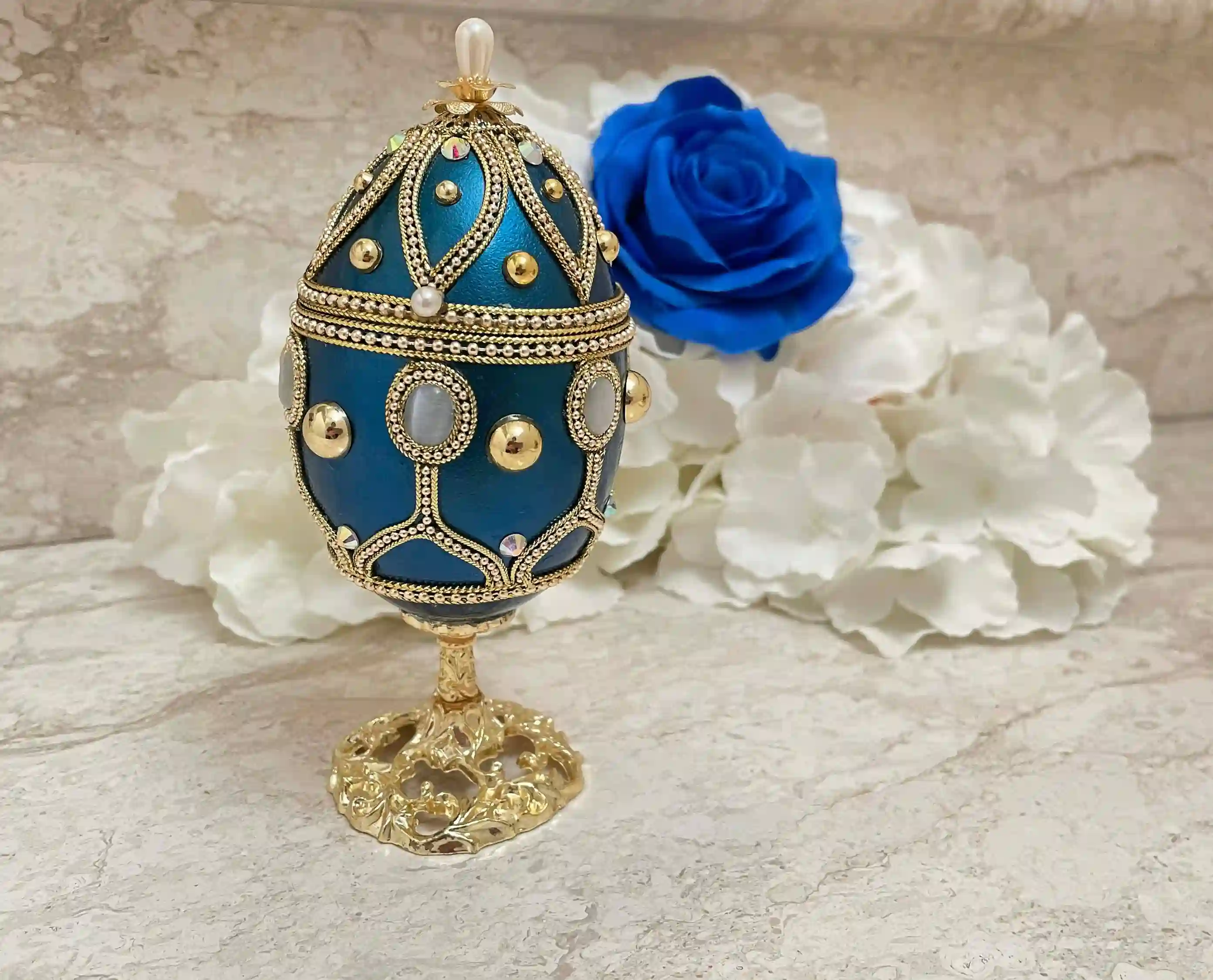 One of A Kind Blue Gifts, Faberge Egg VINTAGE, Faberge Egg style , HANDCARVED Natural Egg, Faberge Ornament Decorative Faberge Egg Music Box 
