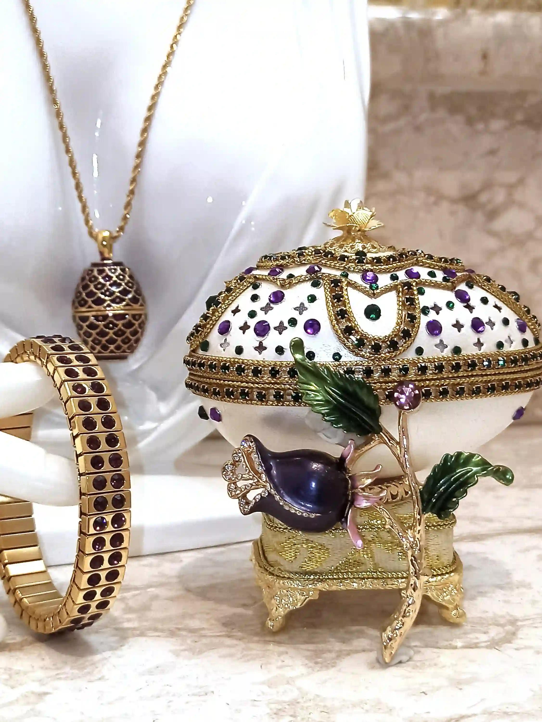 One of a Kind Unique gifts for her- Faberge style EGG - Faberge Egg PENDANT - AMETHYST Bracelet -Statement Jewelry- Mother of the groom gift 