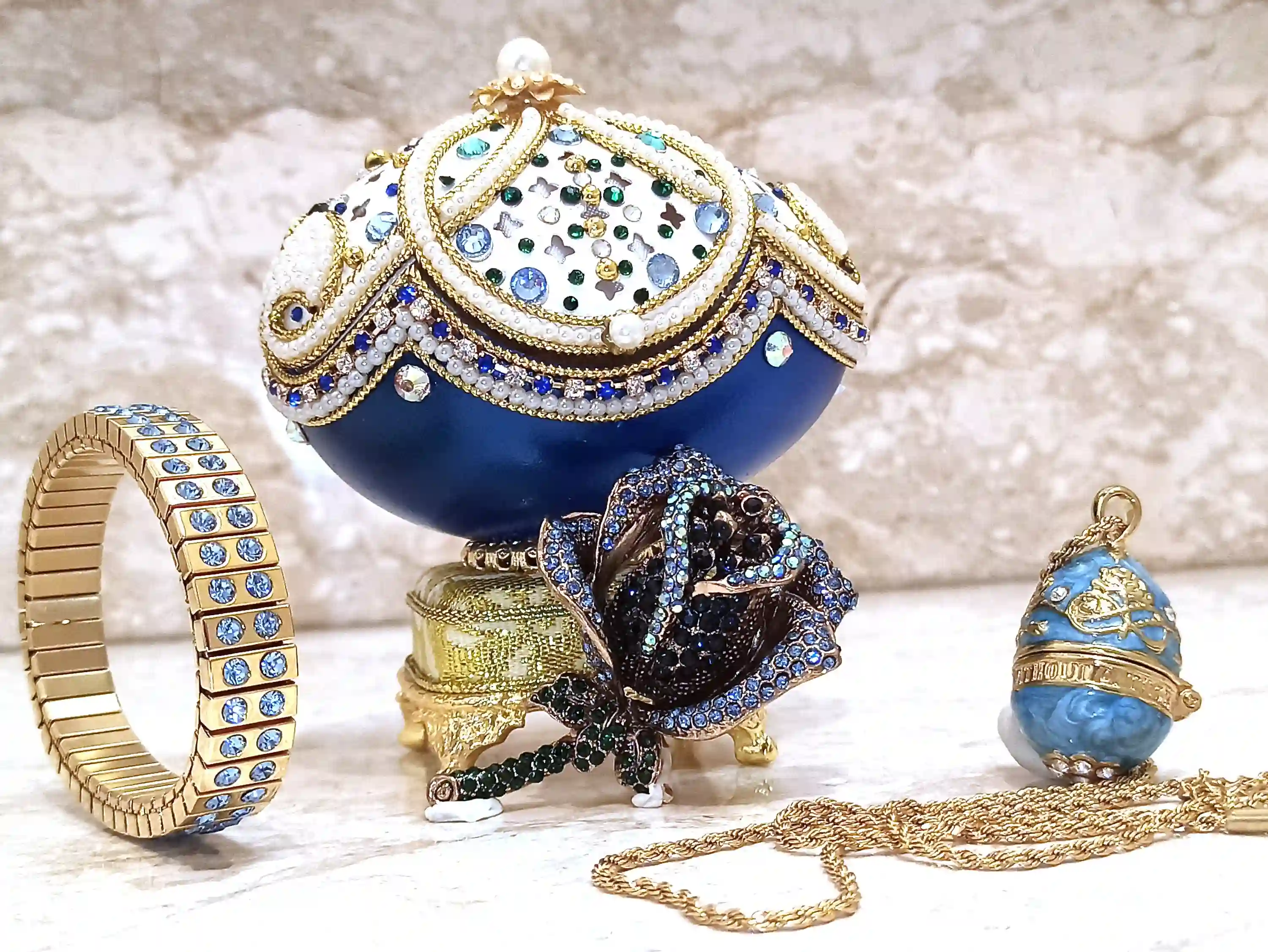 One of a KIND gifts for women - Blue Rose Faberge Egg Ornament + Faberge Egg pendant NECKLACE + Swarovski Blue BRACELET -2ct -Designer Gift 