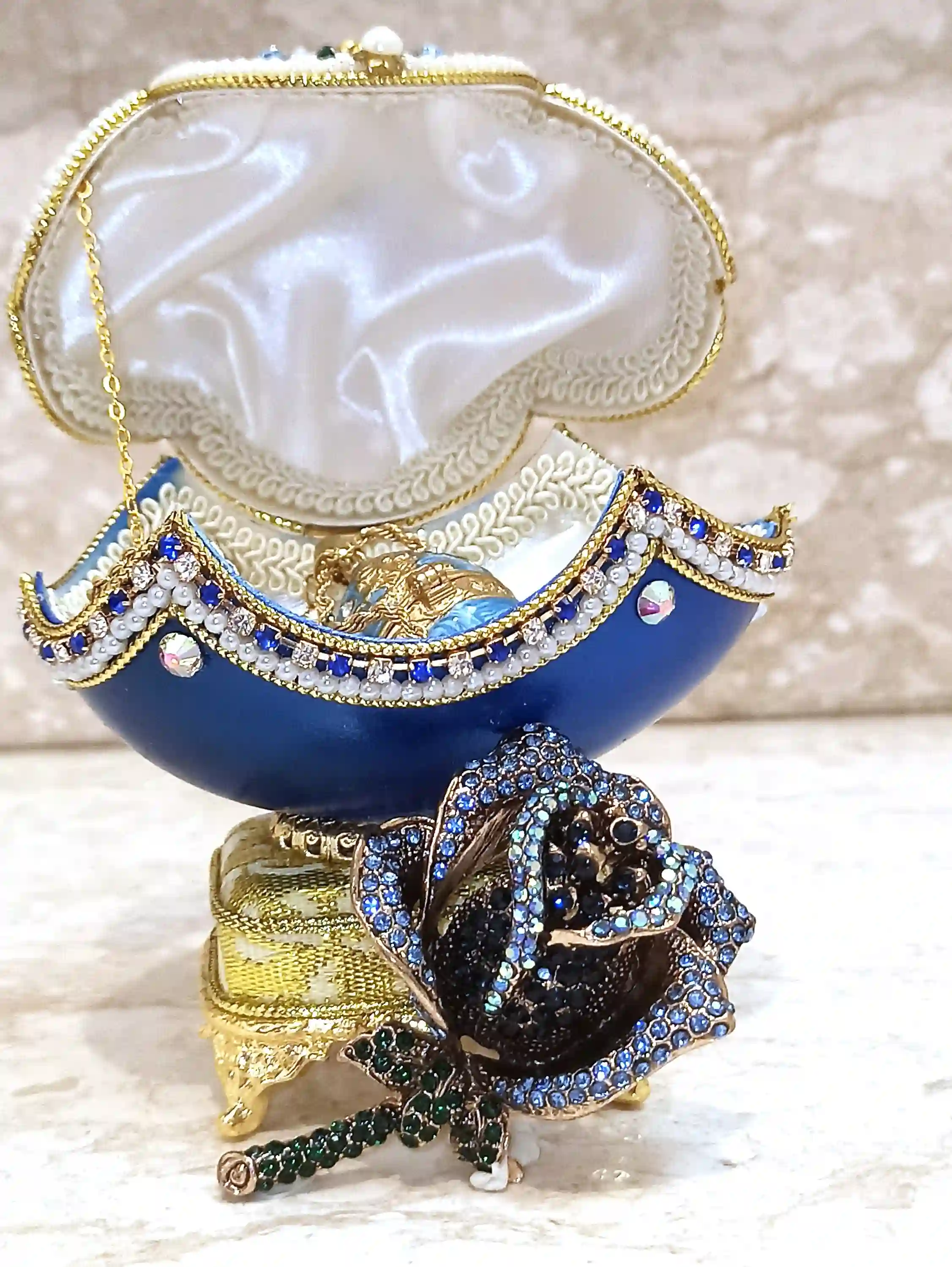 One of a KIND gifts for women - Blue Rose Faberge-Style Egg Ornament + Faberge Egg pendant NECKLACE + Swarovski Blue BRACELET -2ct -Designer Gift 