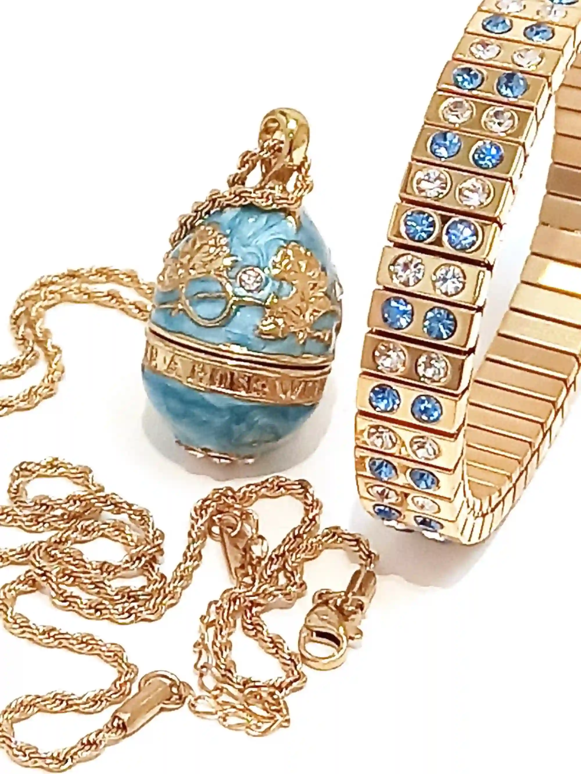 Artisan Handmade Jewelry,FABERGE egg Pendant Necklace & GOLD Bracelet set for women,Blue Birthday gifts for her, Blue Necklace set, Faberge 