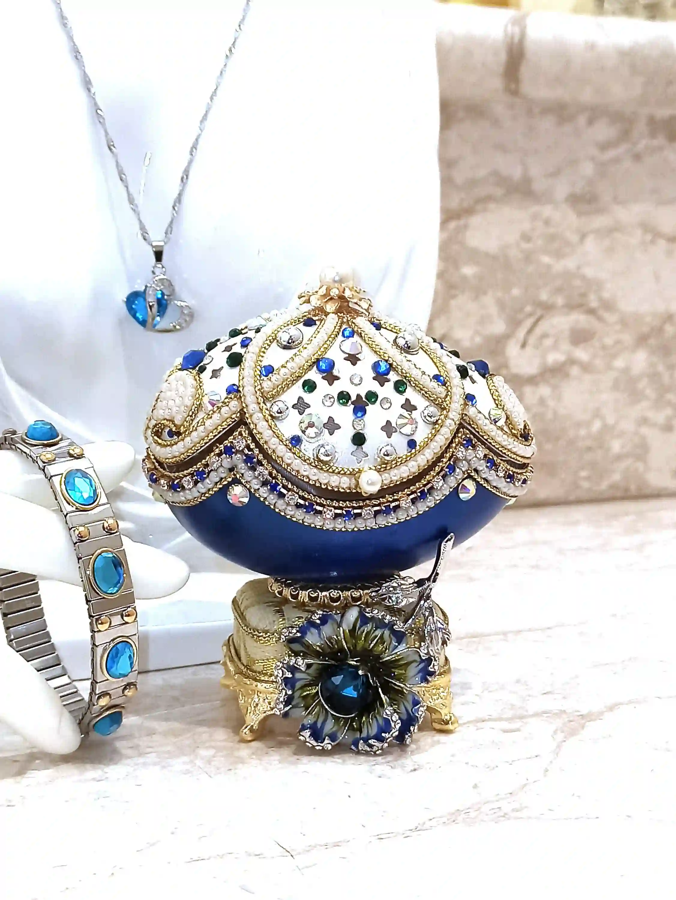 One Of a Kind- Faberge Egg -24kGOLD -Faberge Egg Music Box- Sterling Silver Jewelry - Blue NECKLACE - Silver,Topaz BRACELET - Faberge style 