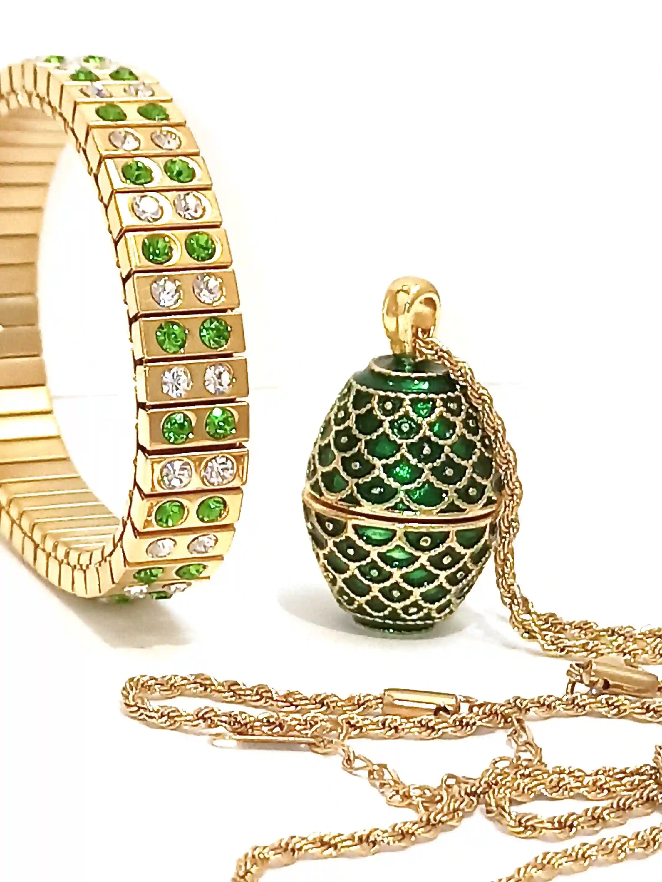 Faberge-Style Emerald NECKLACE Pendant & BRACELET for women 24KGOLD Jewelry set Young Lady Birthday present Anniversary Gift Idea for girlfriend 