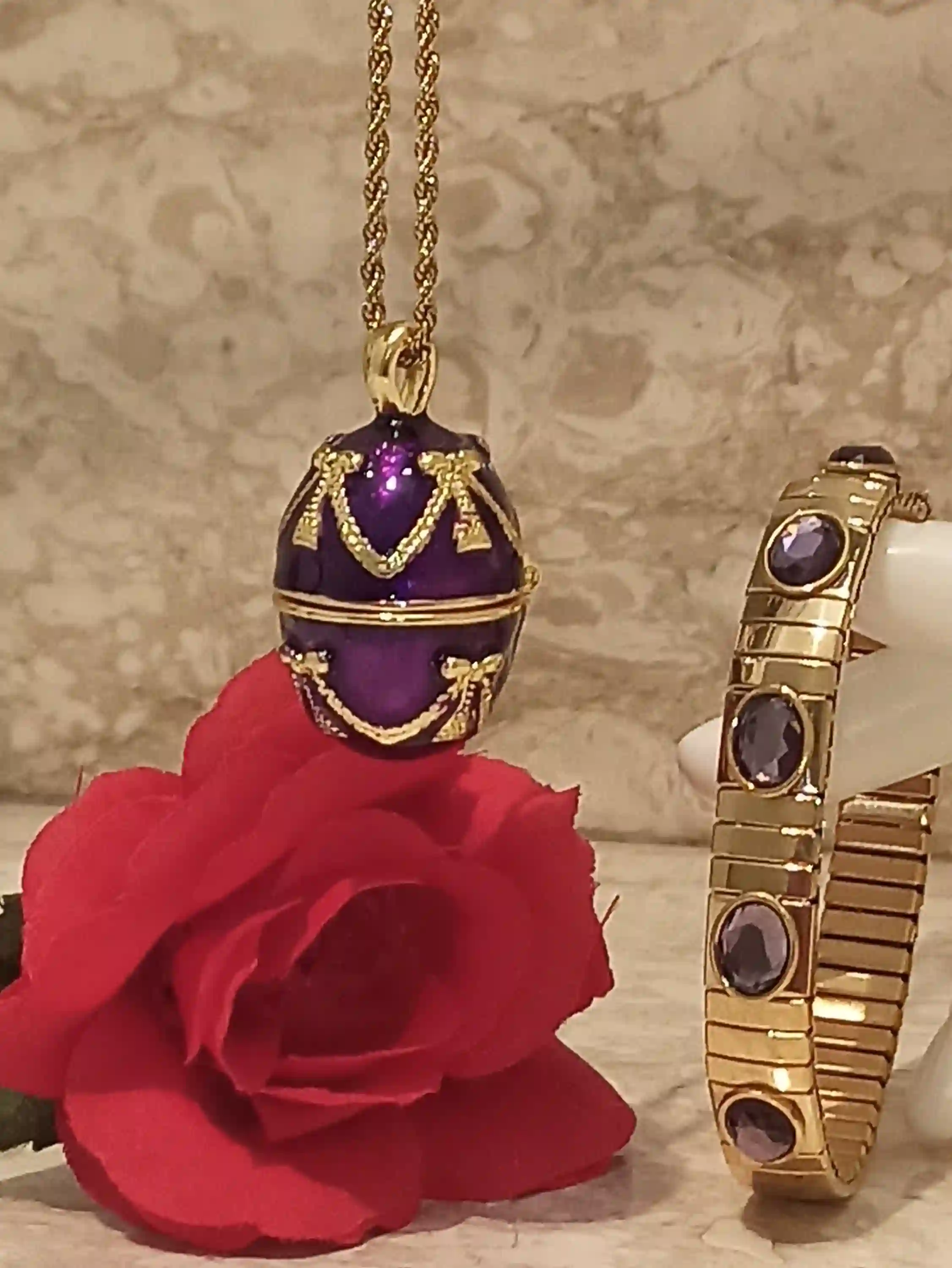 One Of a Kind Faberge Egg style Faberge NECKLACE Amethyst BRACELET Purple Faberge egg Musical Carousel Horse 24k GOLD Handmade Faberge Egg 