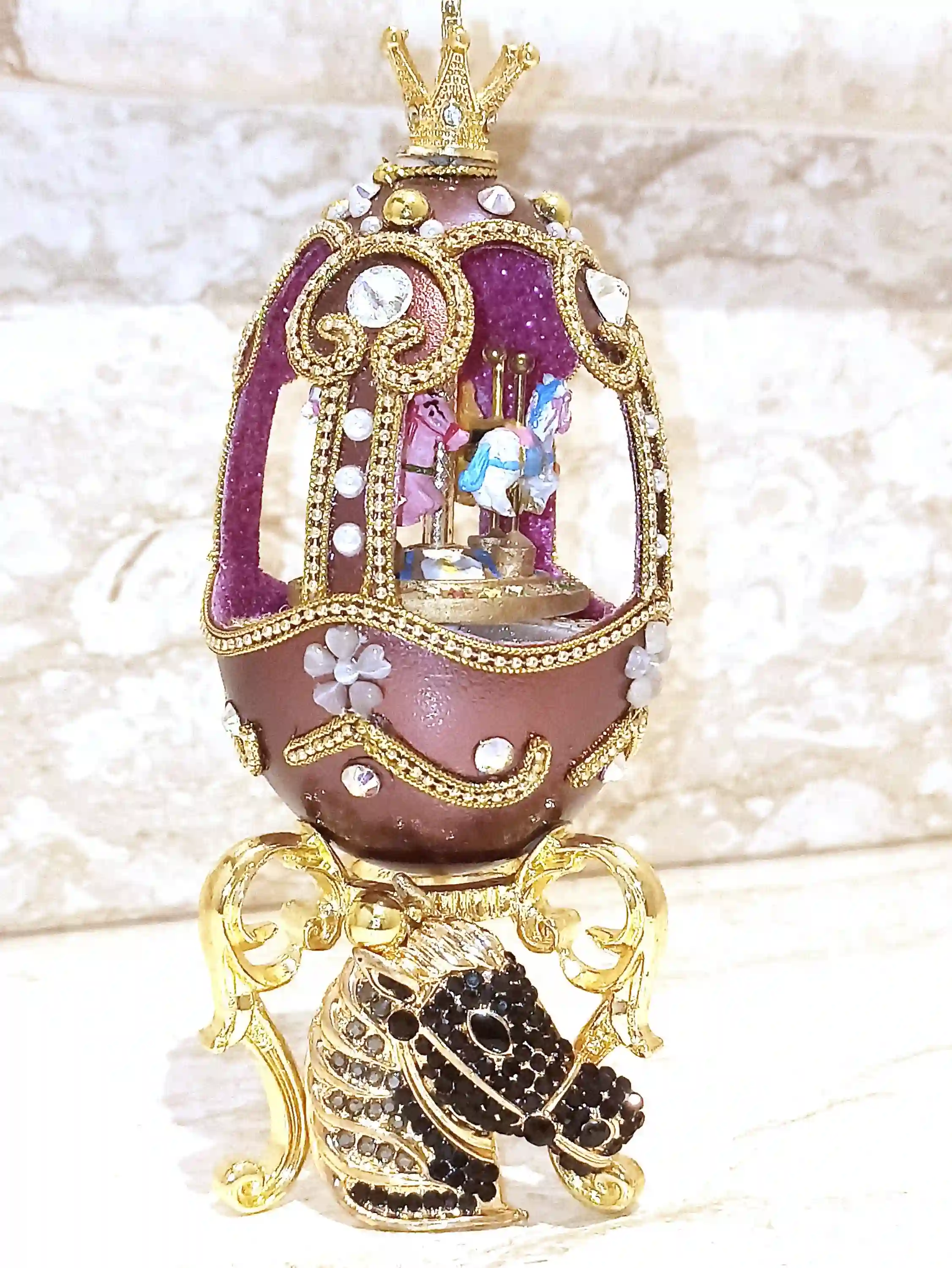 One Of a Kind - Faberge Egg style Musical Carousel Horse Faberge NECKLACE - Amethyst BRACELET- Purple Faberge egg 24k Handmade Faberge Egg 