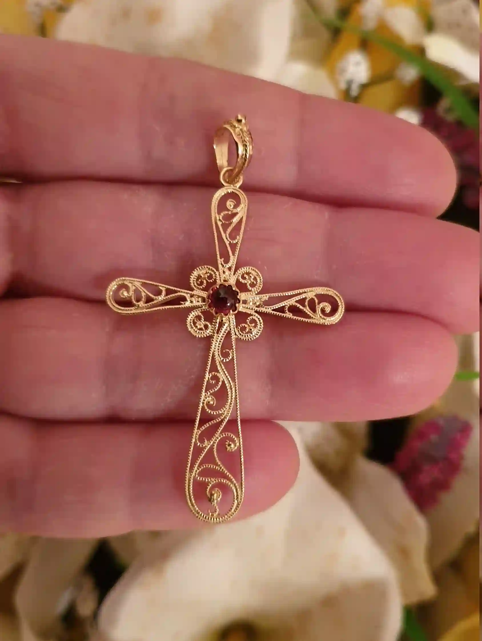18Kt Solid GOLD Garnet Cross pendant gift for women/FILIGREE Gold Cross Charm Religious Jewelry Byzantin pendant 18k HANDMADE Christian gift 