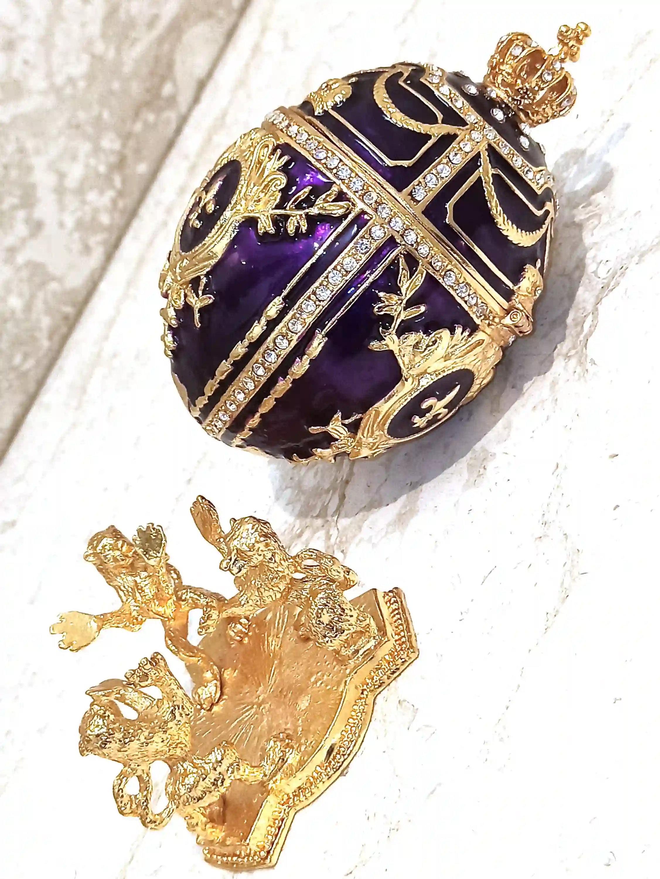 Royal Purple Faberge Egg style 24KGOLD 4ct Collectors Egg Fabrege Jewelry Box Faberge Egg Trinket Box HAND Decorated with 200 Austrian Crys 
