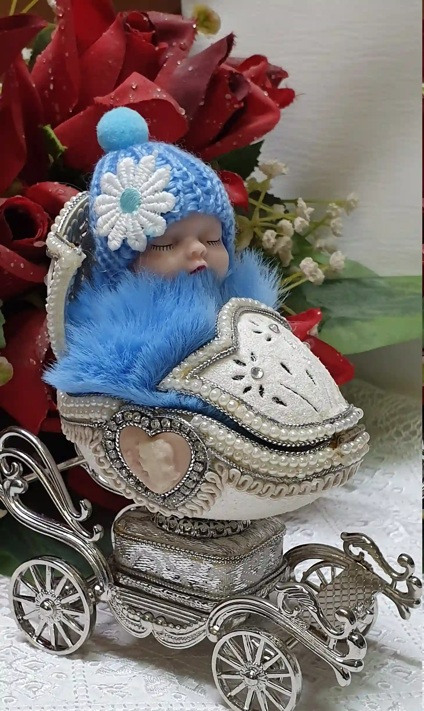 Boy baby shower Vintage Faberge style Ornament New born boy ONE of a kind Gift HANDCARVE Egg Faberge Music Jewelry box Austrian Crystal set 