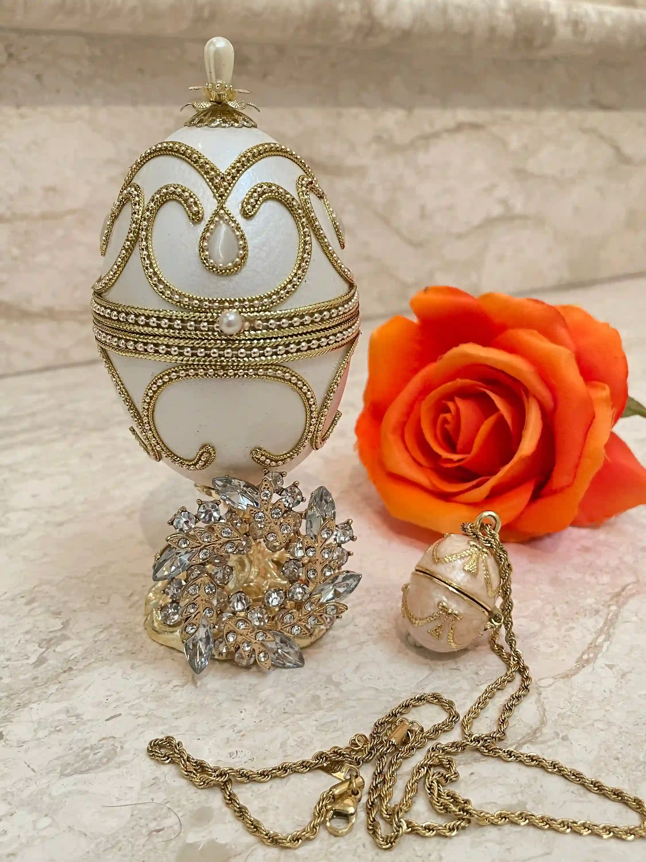 Faberge , Gold Faberge Egg MUSIC Box, &, Faberge style Egg pendant, Home decor, Handmade White Faberge egg SET, Bridal Shower Gift for Bride 