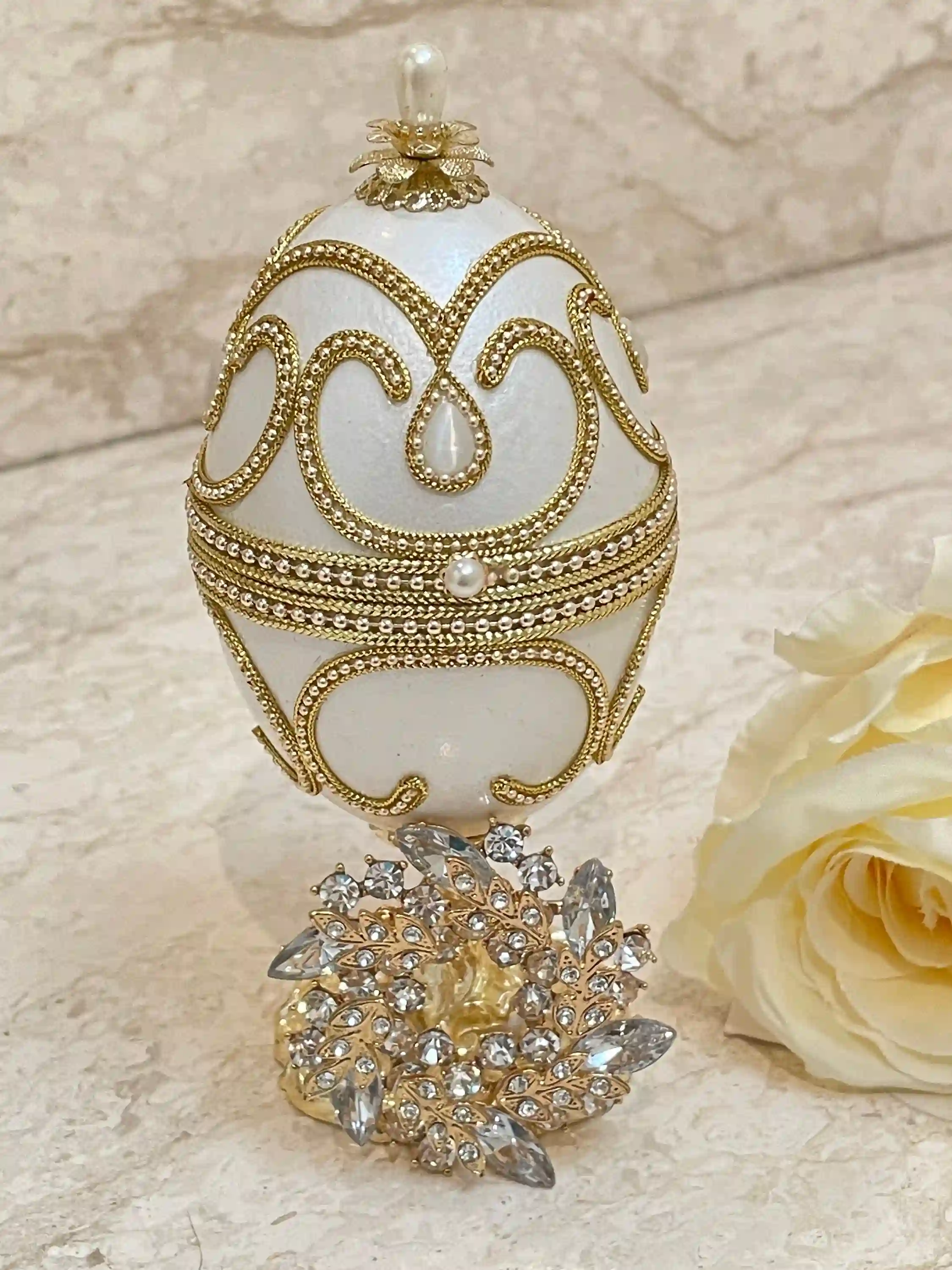 Faberge , Gold Faberge-Style Egg MUSIC Box, &, Faberge style Egg pendant, Home decor, Handmade White Faberge egg SET, Bridal Shower Gift for Bride 