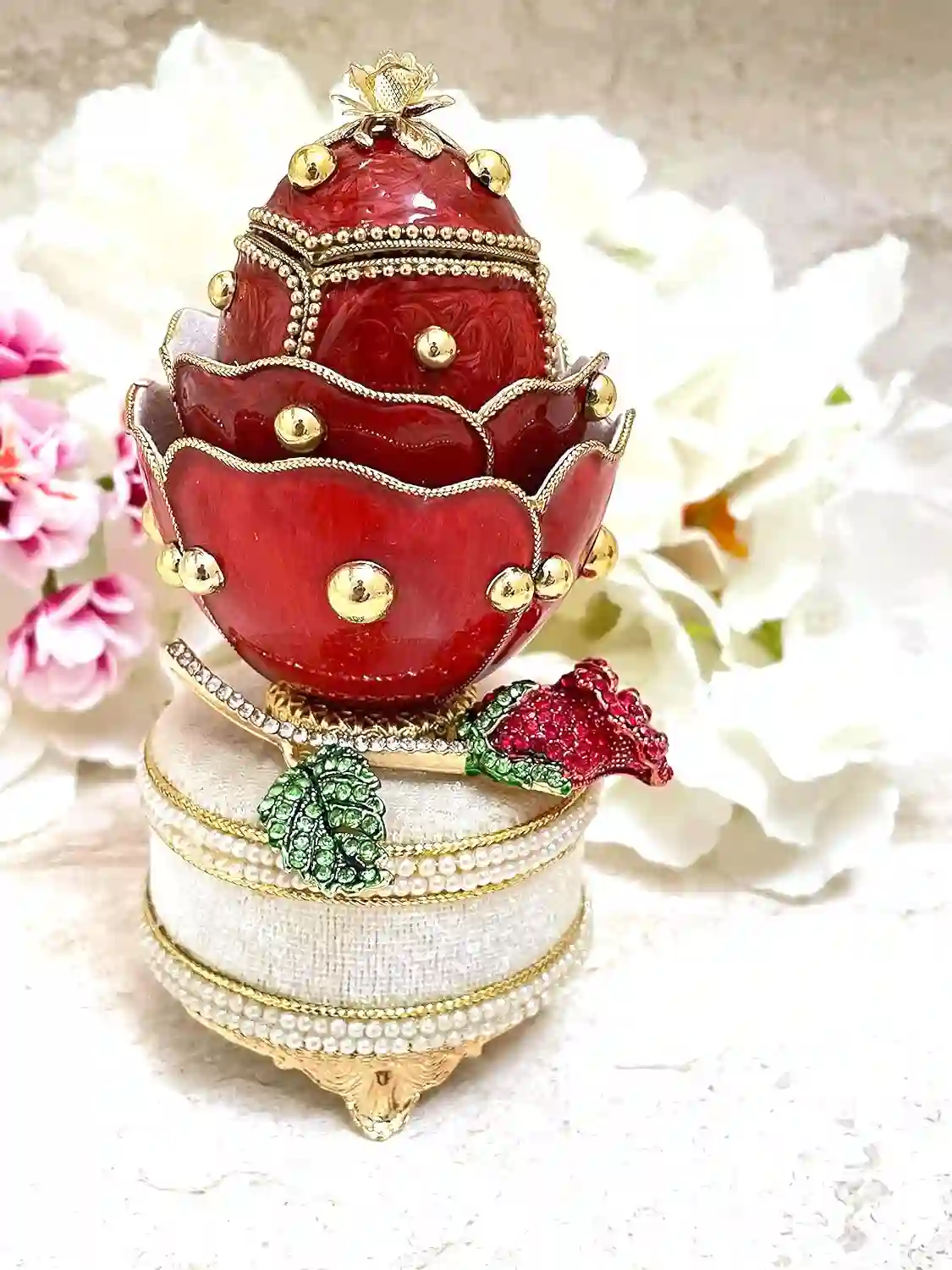 ONE of a Kind Faberge egg 2002 Ruby Rose Faberge Style Egg HANDCARVED Faberge egg MUSIC Box & Jewelry First Christmas Anniversary New Year 