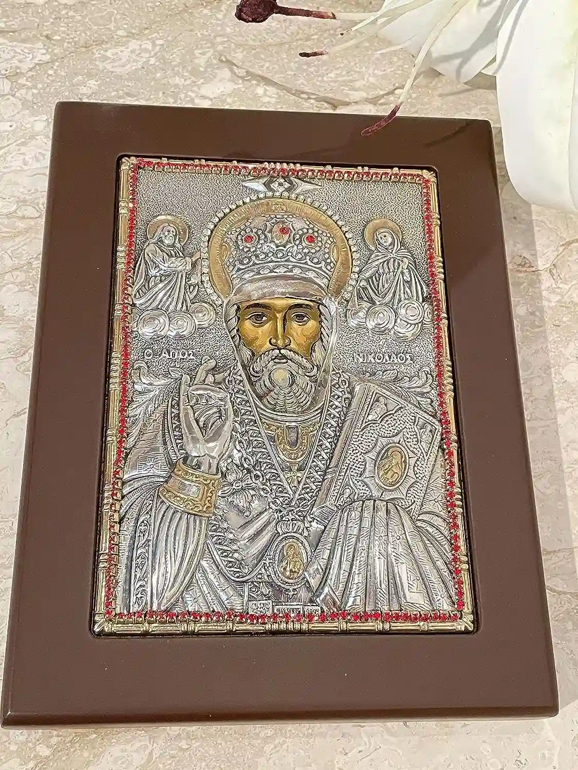 Saint Nicholas Icon Christian gift Byzantine Icon St Nicholas Icon Patron of Children Greek Orthodox Icon PURE SILVER Gem Handpainted Icon 