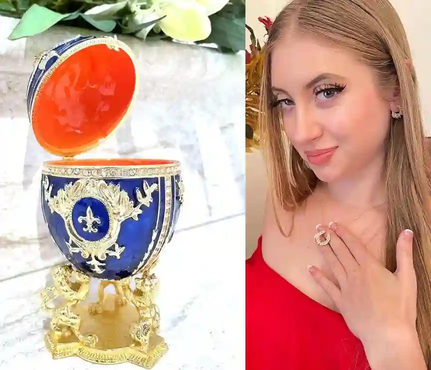 Blue Faberge egg Faberge style Egg Home Decor Handmade Luxury Wedding gift for Christmas Gift for Newlyweds New Year Wreath Jewelry SET 