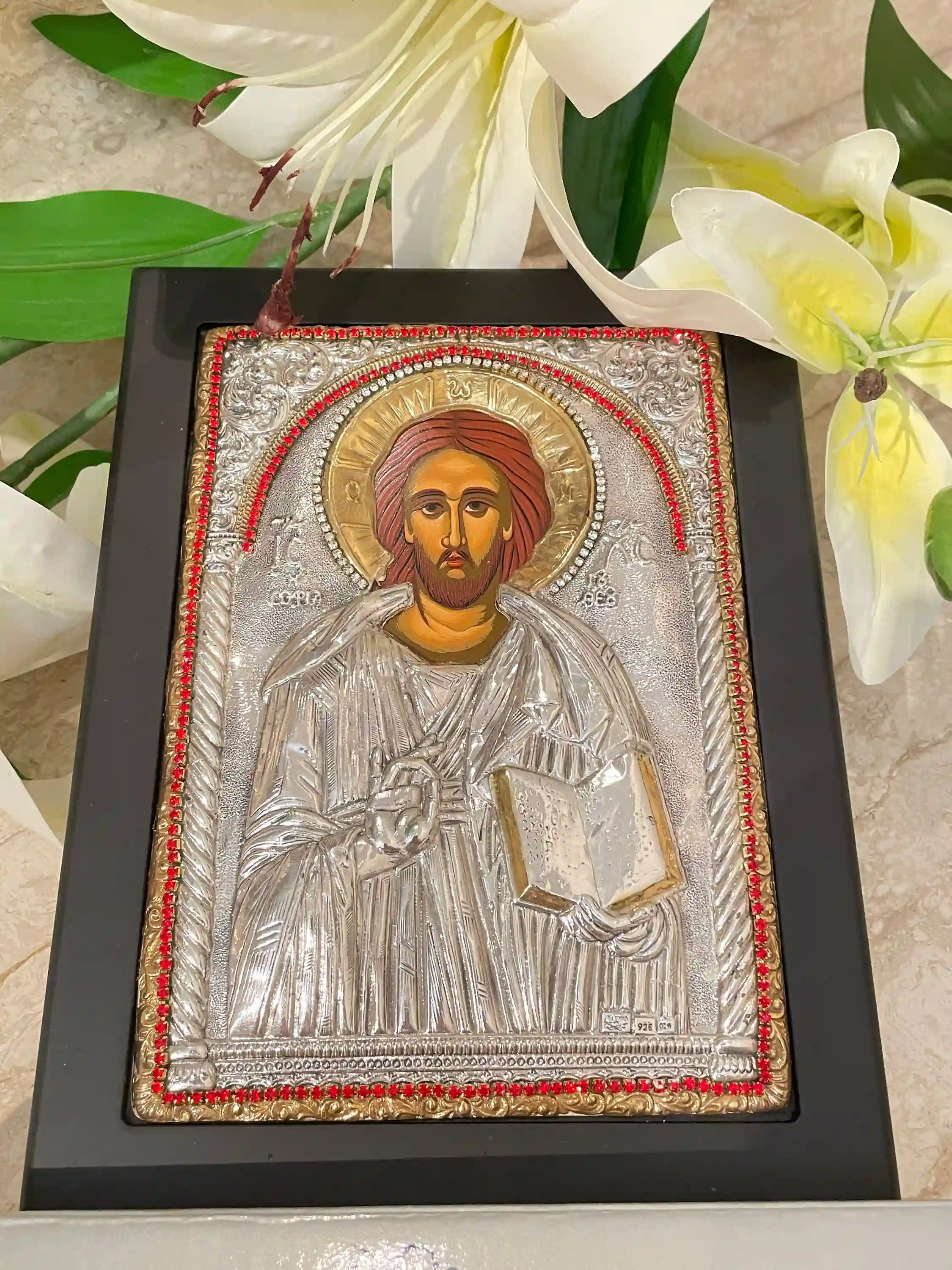 Jesus Christ the Teacher Icon SOLID Sterling Silver Byzantine Icon Greek Icon Pantocrator Icon Christian Baptism Communion gift 350 Gems HMD 
