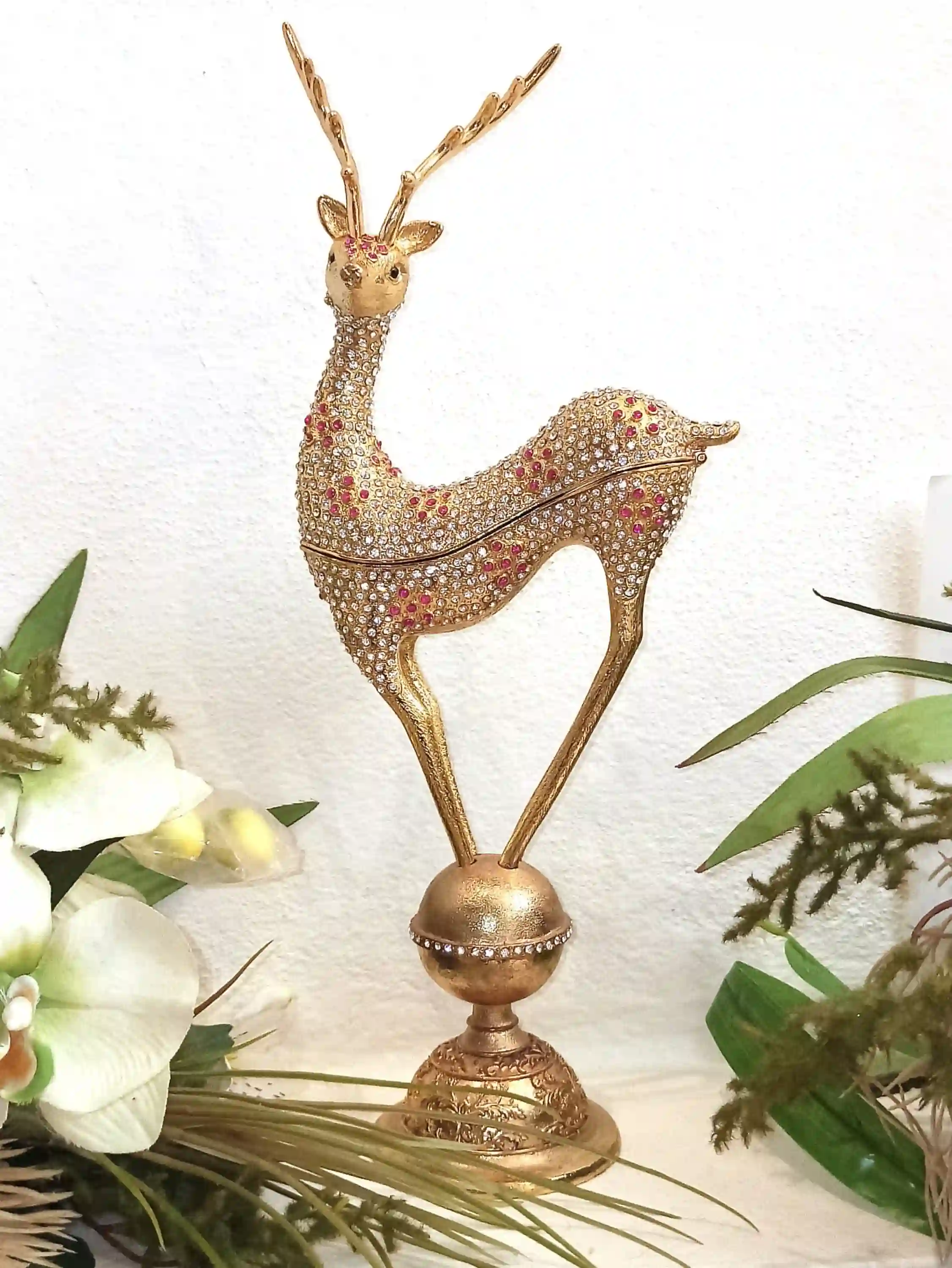1990, Vintage Decor Home, Deer Hunter Ornament, 24k GOLD, HANDMADE, Swarovski DIAMOND Handset 10ct, Reindeer Trinket Box, Deer gifts for men 