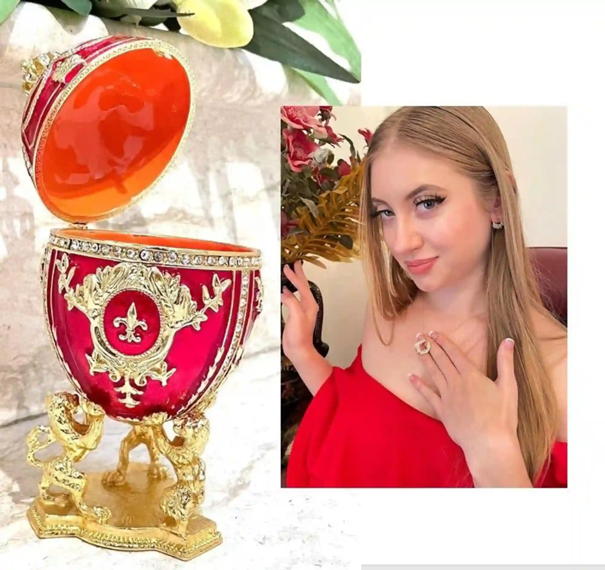 Red Faberge egg Christmas New Years Wreath Jewelry + Faberge style egg Handmade Pure GOLD deco Swarovski Faberge Set LUCK Joy LOVE Happiness 