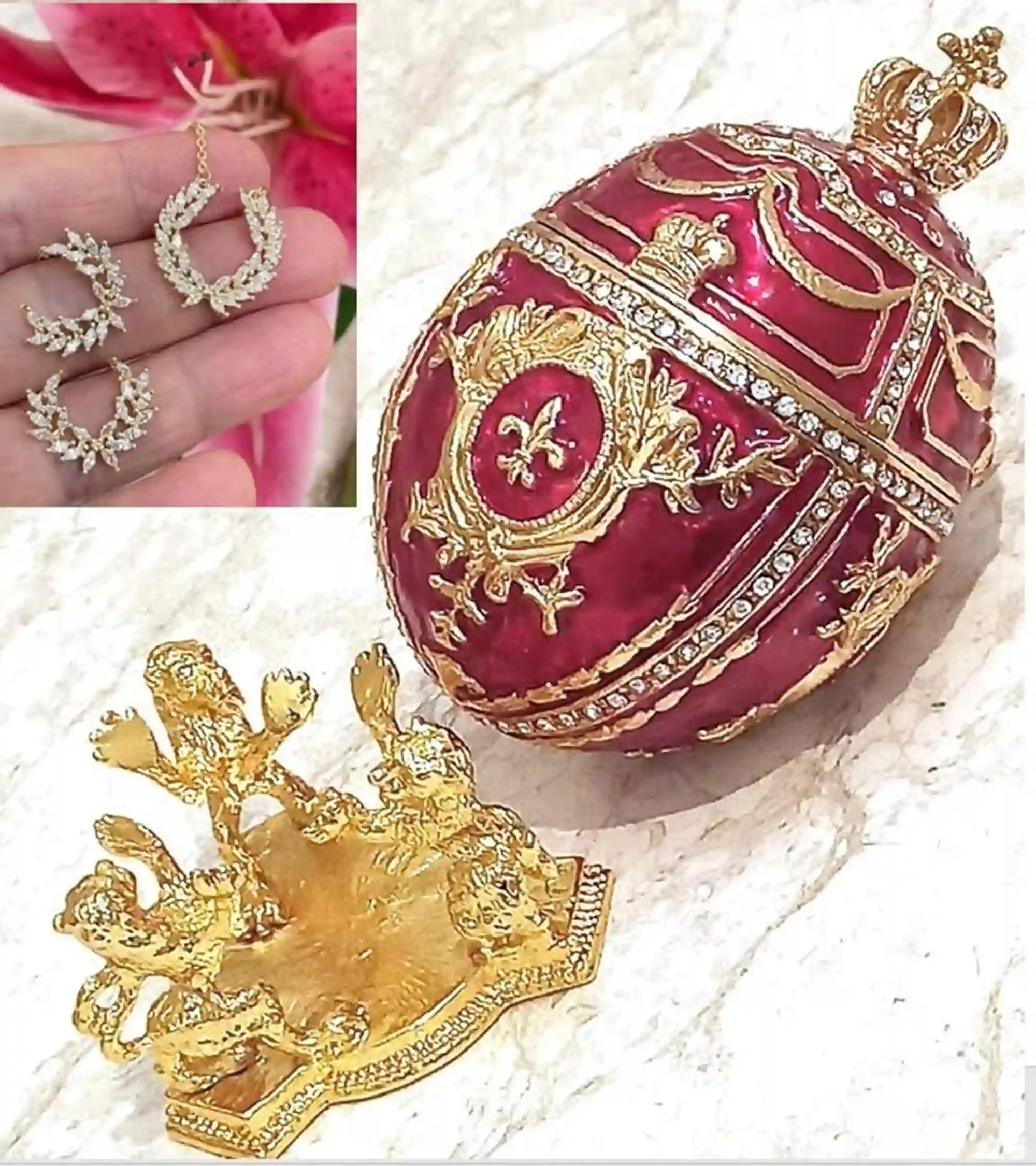 Red Faberge egg Christmas New Years Wreath Jewelry + Faberge style egg Handmade Pure GOLD deco Swarovski Faberge Set LUCK Joy LOVE Happiness 