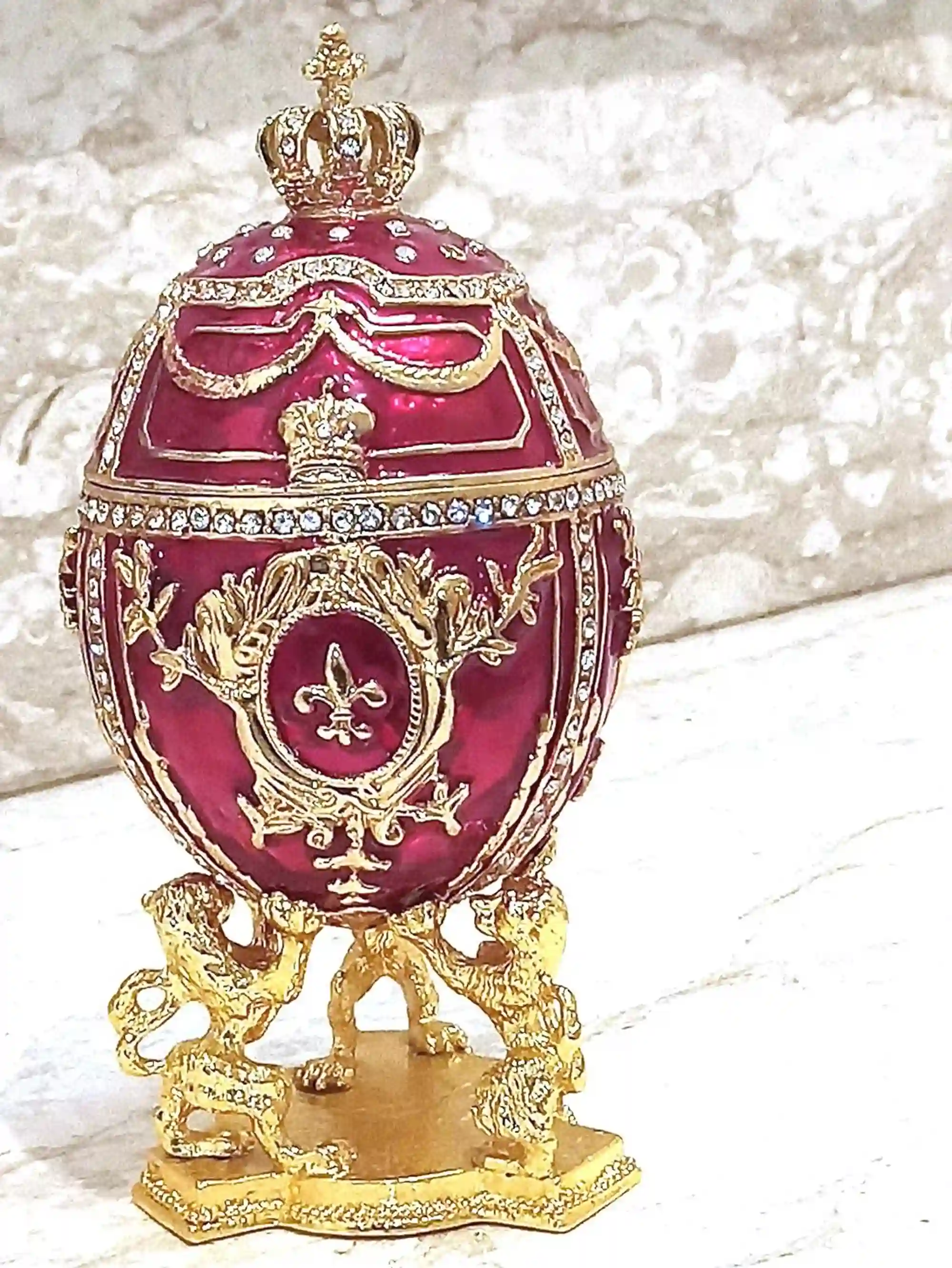 Red Faberge egg Christmas New Years Wreath Jewelry + Faberge style egg Handmade Pure GOLD deco Swarovski Faberge Set LUCK Joy LOVE Happiness 