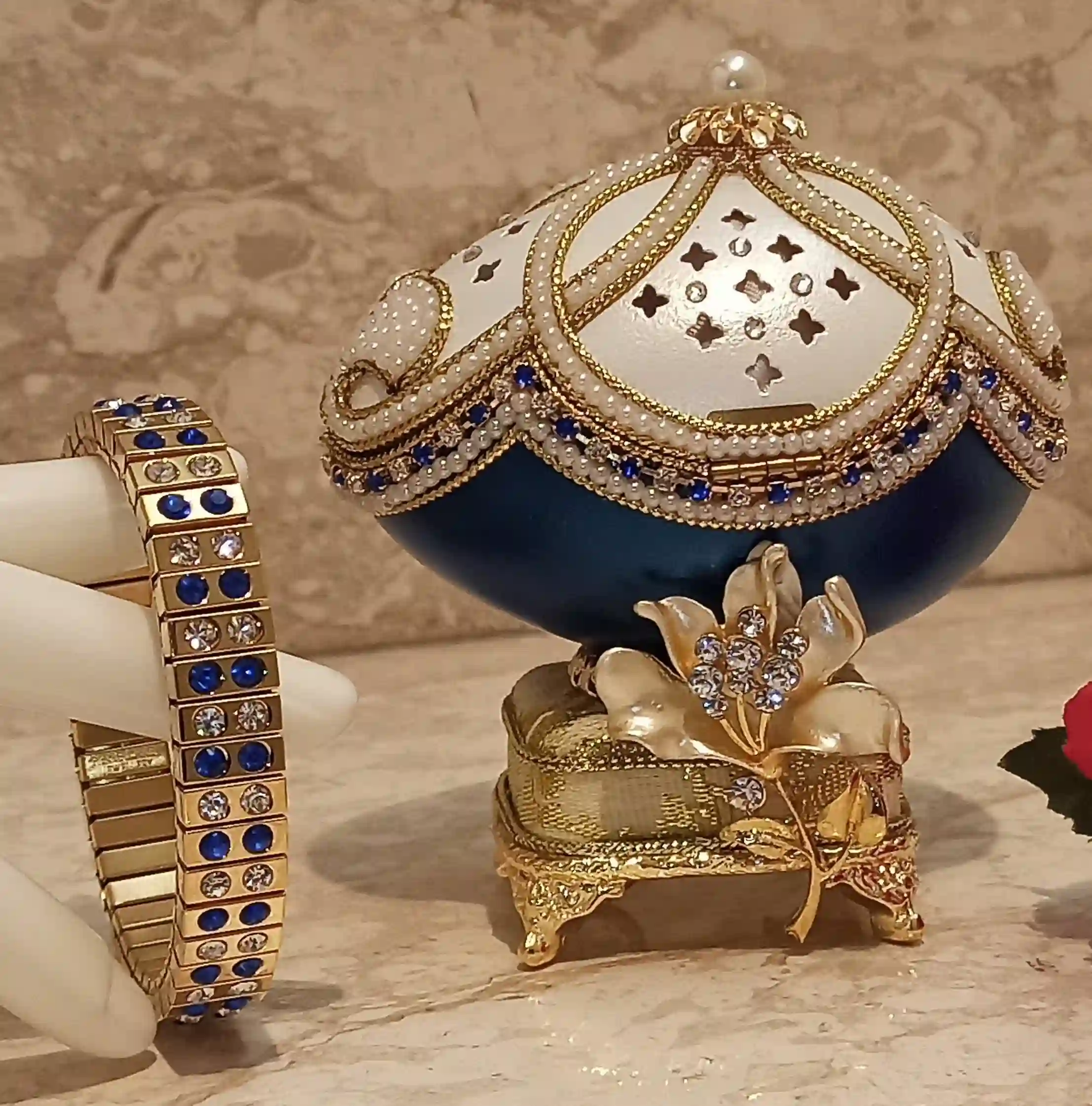 FABERGE Egg, Gift for Couple Wedding ,ONE Of a Kind, Unique Wedding gift ideas ,Mother In Law Gift, FAberge MUSIC box ,Sapphire , 24k Gold 
