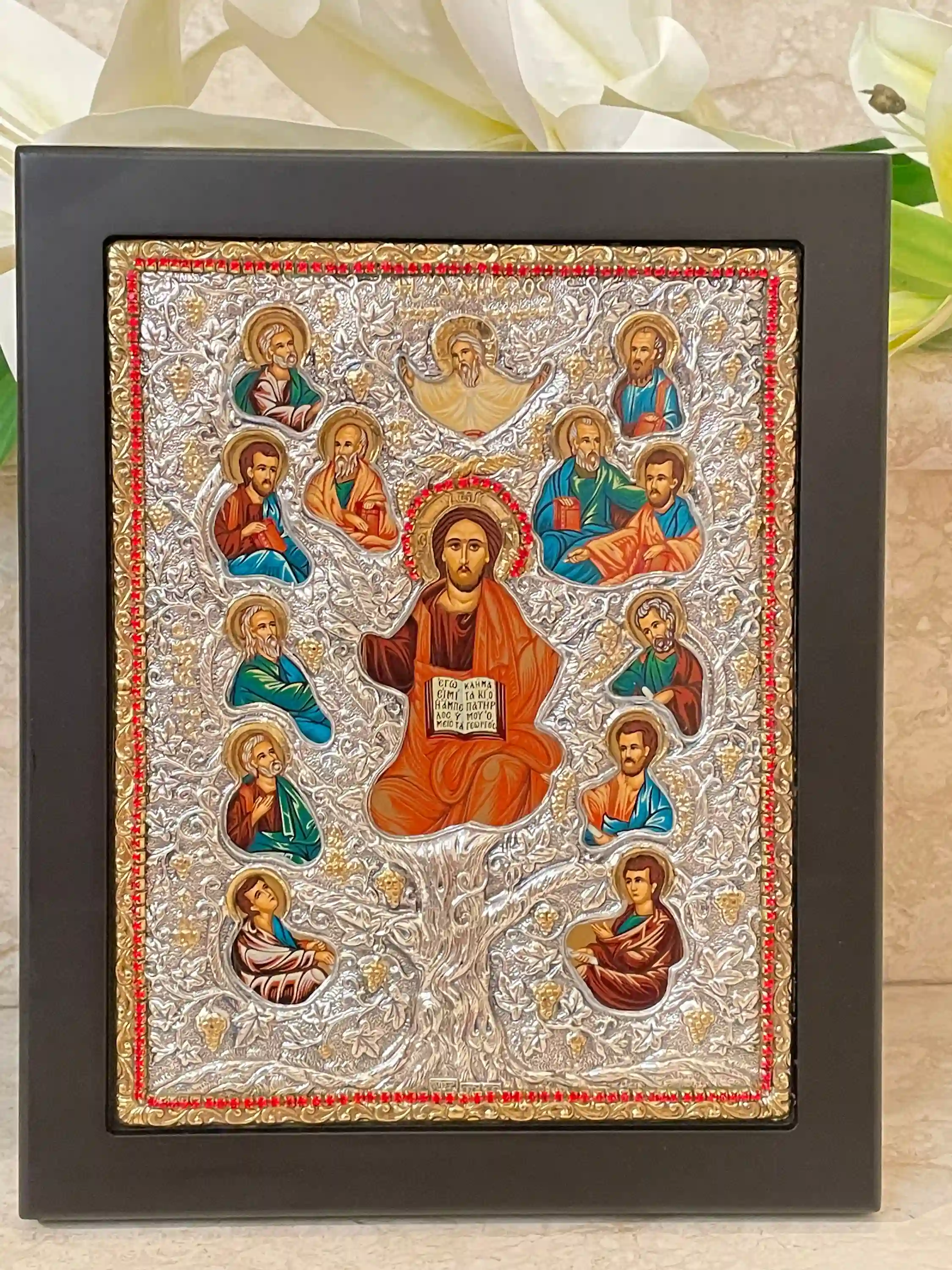 GOLD Lord Jesus Christ Orthodox Icon Byzantine Icon Religious Decor Christian Icon SOLID 925 Sterling Silver 340 Gems HANDMADE Tree of Life 