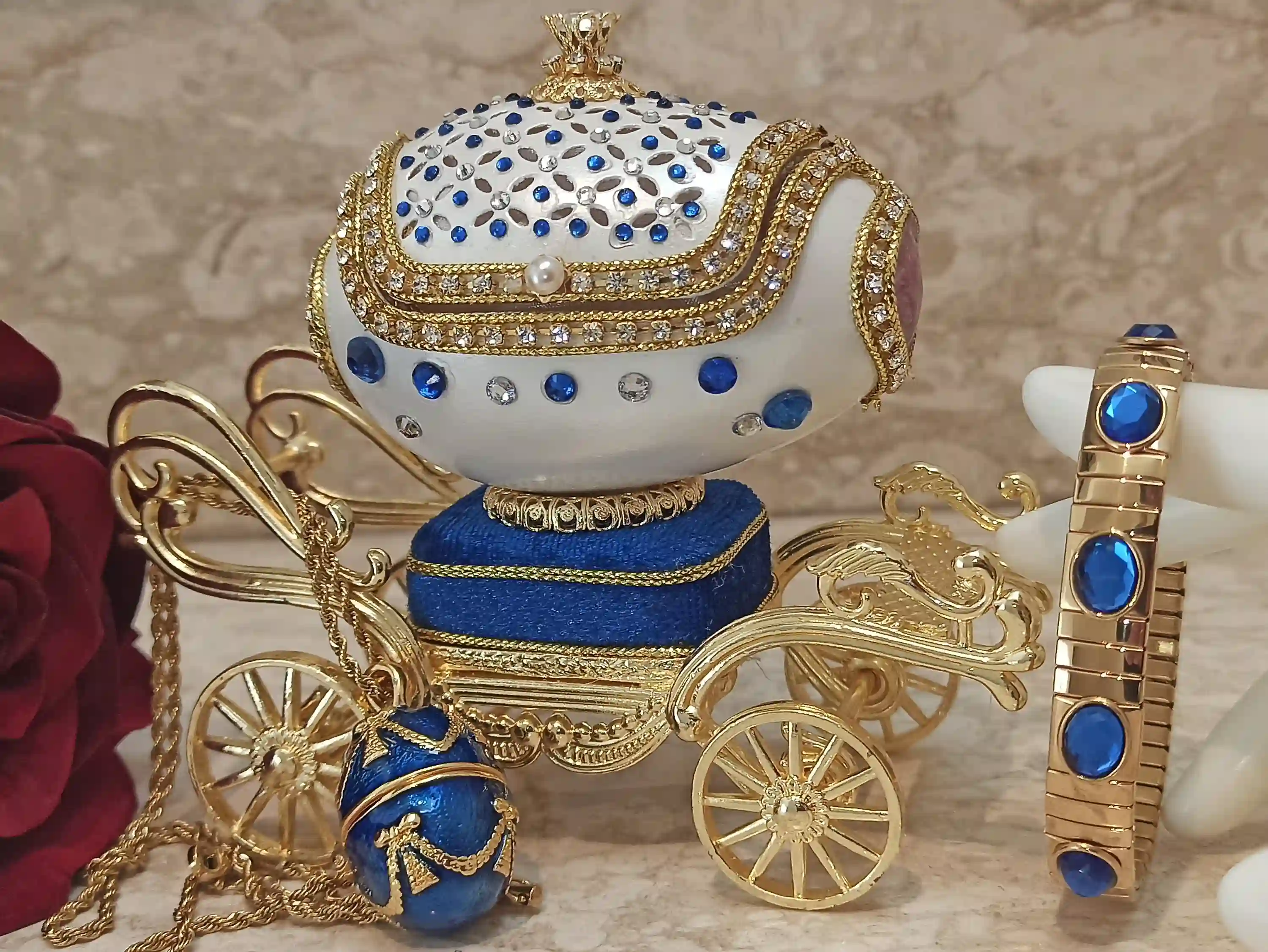 Faberge egg Carriage Sapphire Jewelry box gift for Mom Mother wife NATURAL Egg Swarovski Sapphire Diamonds 24k Gold Bracelet & Necklace 