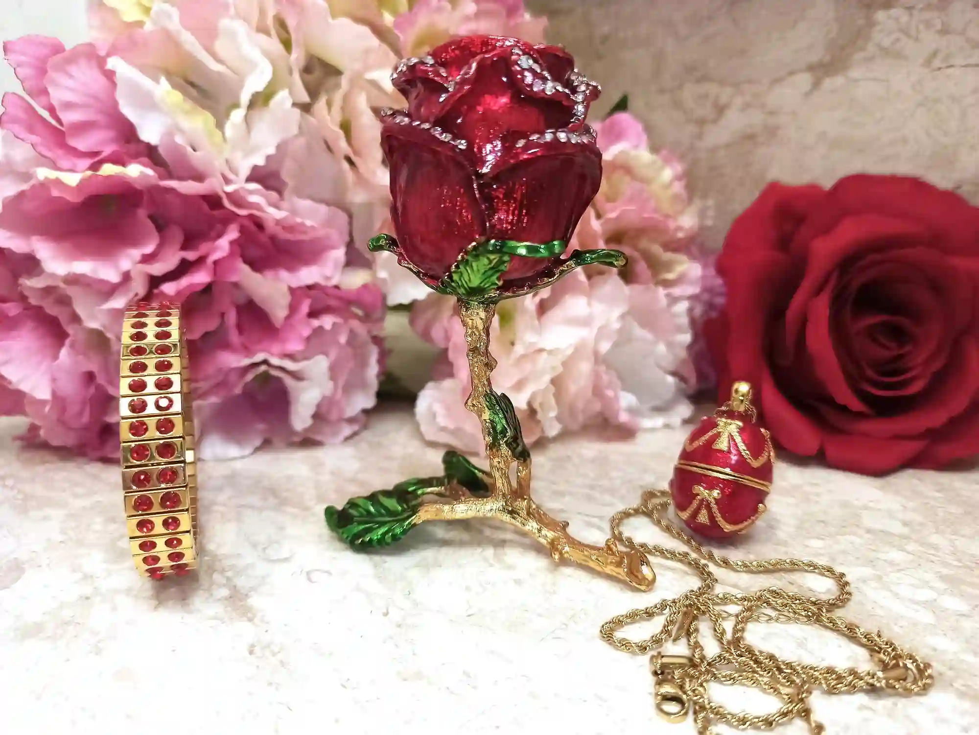 7ct, Faberge egg, Ruby Gift, Luxury gift for her, Rose Jewelry Box + Faberge Egg Necklace + Bracelet,24k GOLD, HANDMADE, Christmas Wife gift 