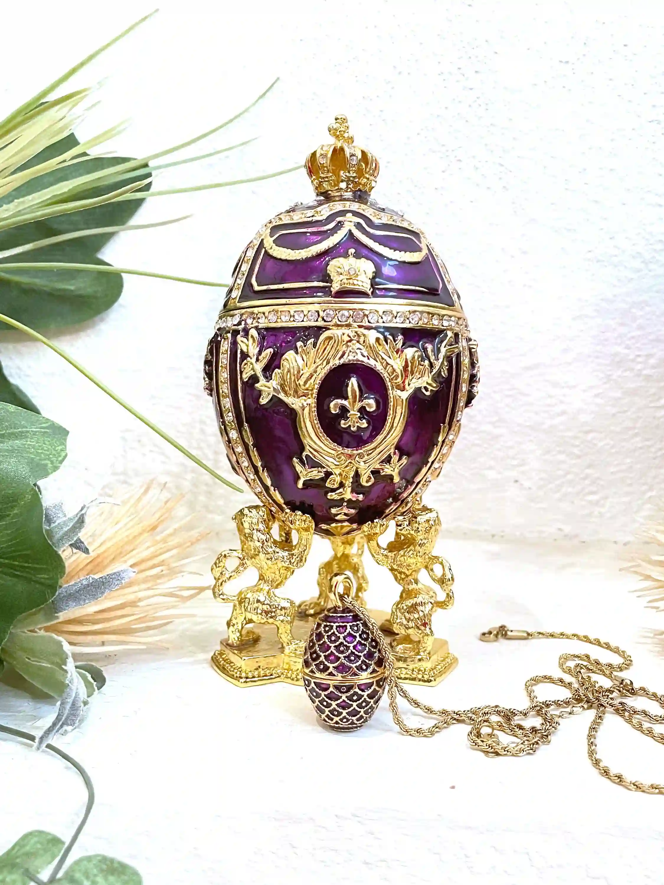 Amethyst Fabrege Egg Jewelry Box + Purple Faberge egg Necklace Pendant, 24kGOLD 200 Swarovski Diamond HANDSET, Mothers Day gift Mom Birthday 