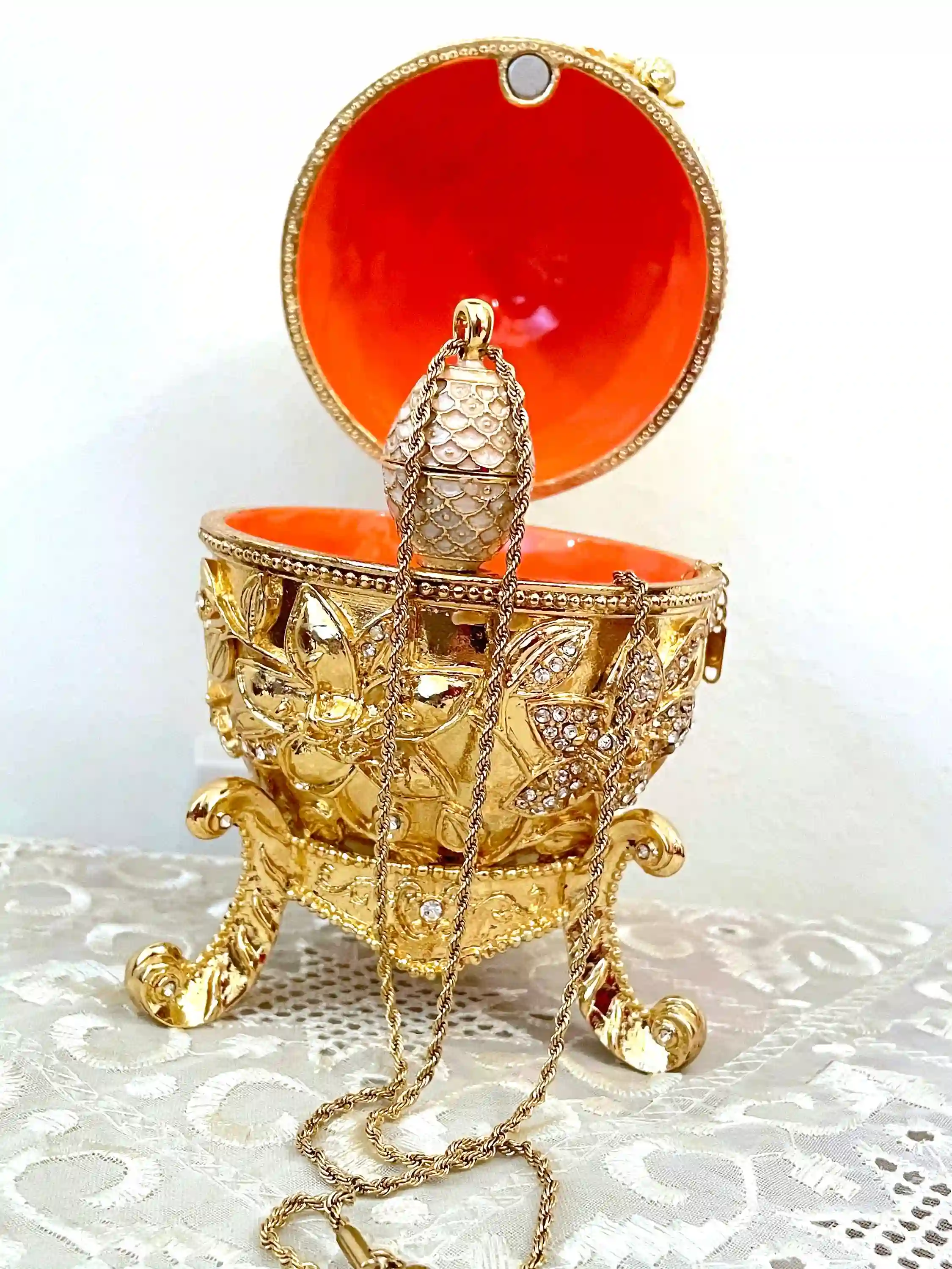 Exquisite Fabrege Egg GOLD 24k Faberge egg Pendant + Faberge egg style POMEGRANATE + Good Luck Wedding RingBox 450 Crystal Diamonds HANDSET 