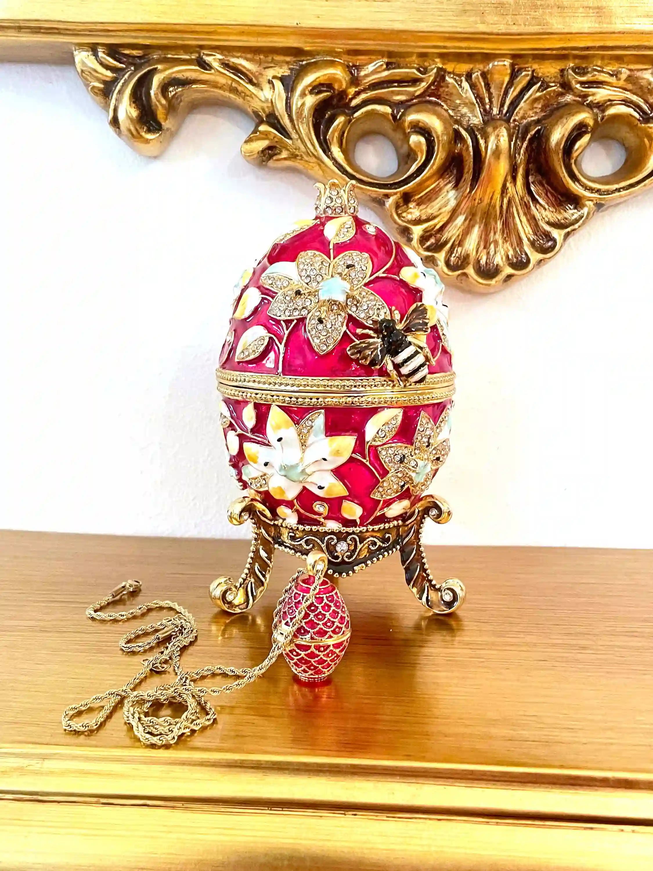 Red Faberge Egg Jewelry box Pomegranate Gift + Fabrege egg Necklace 24K GOLD HANDMADE Mothers Day gift 450 Austrian Crystals HANDSET 10CT 
