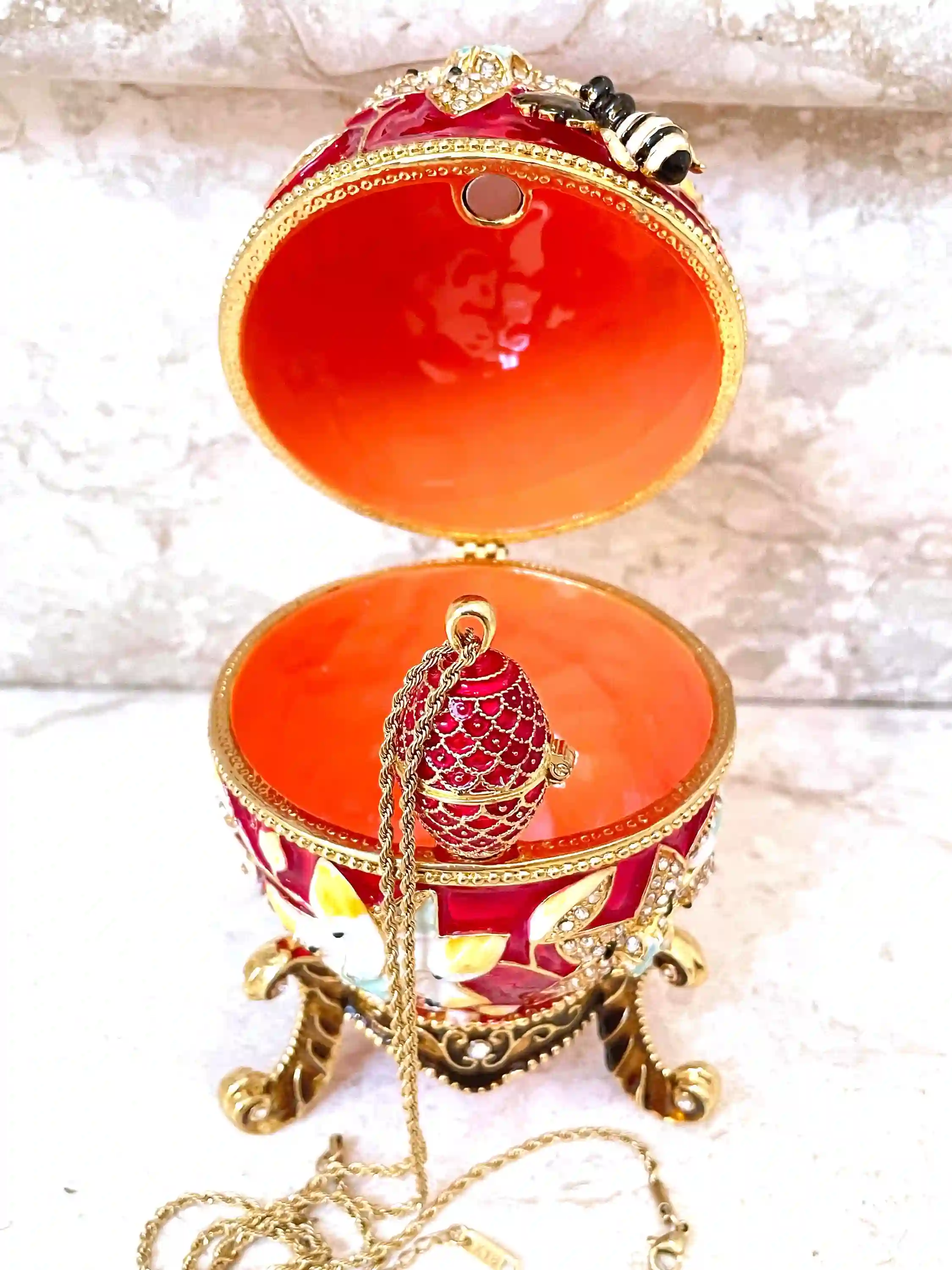 Red Faberge Egg Jewelry box Pomegranate Gift + Fabrege egg Necklace 24K GOLD HANDMADE Mothers Day gift 450 Austrian Crystals HANDSET 10CT 