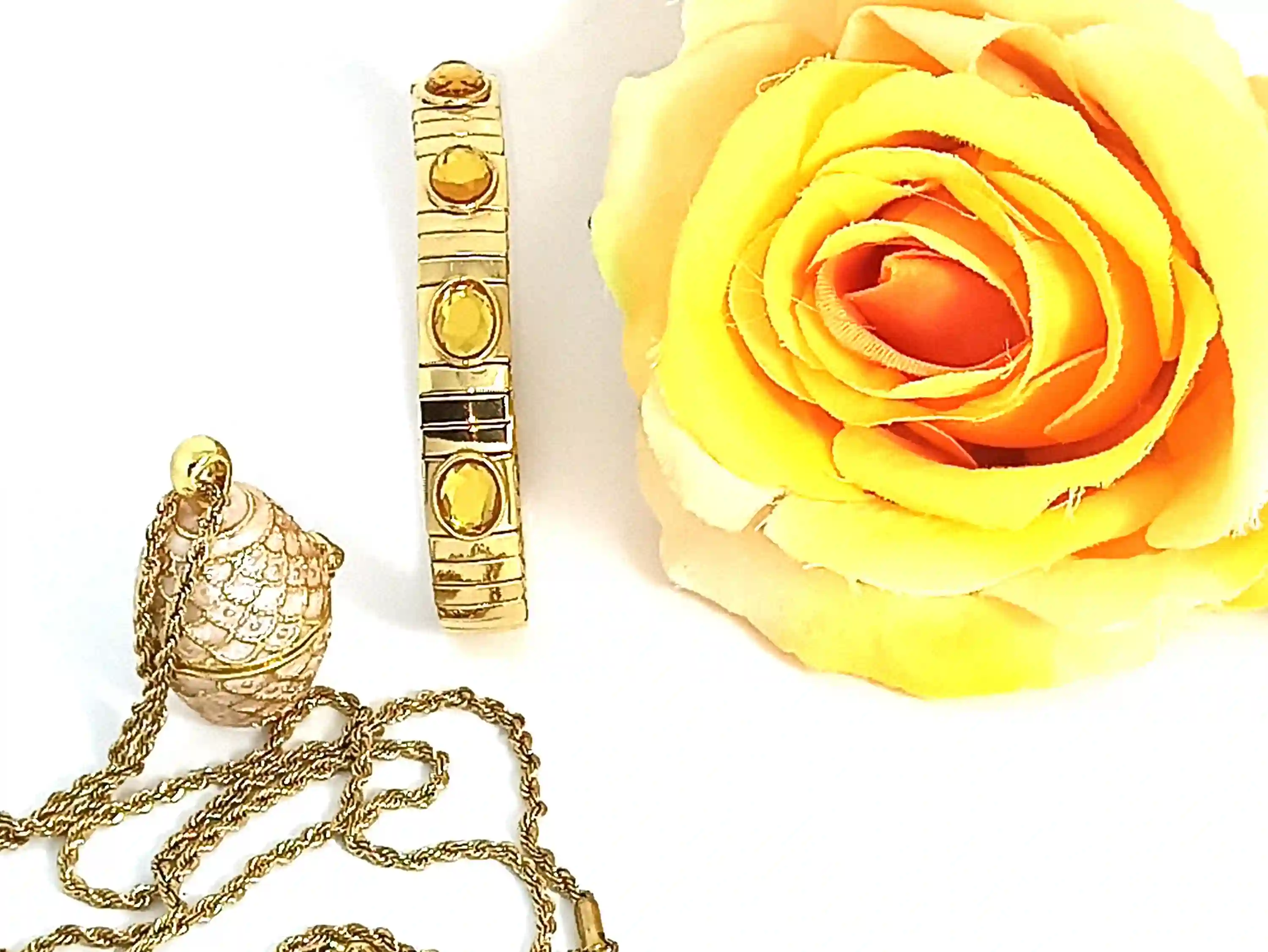 Luxurious Peach FABERGE Necklace Designer Art Deco Faberge Egg Pendant + Citrine Bracelet, 24k GOLD ,23.5 inch Chain, Egg Jewelry for women 