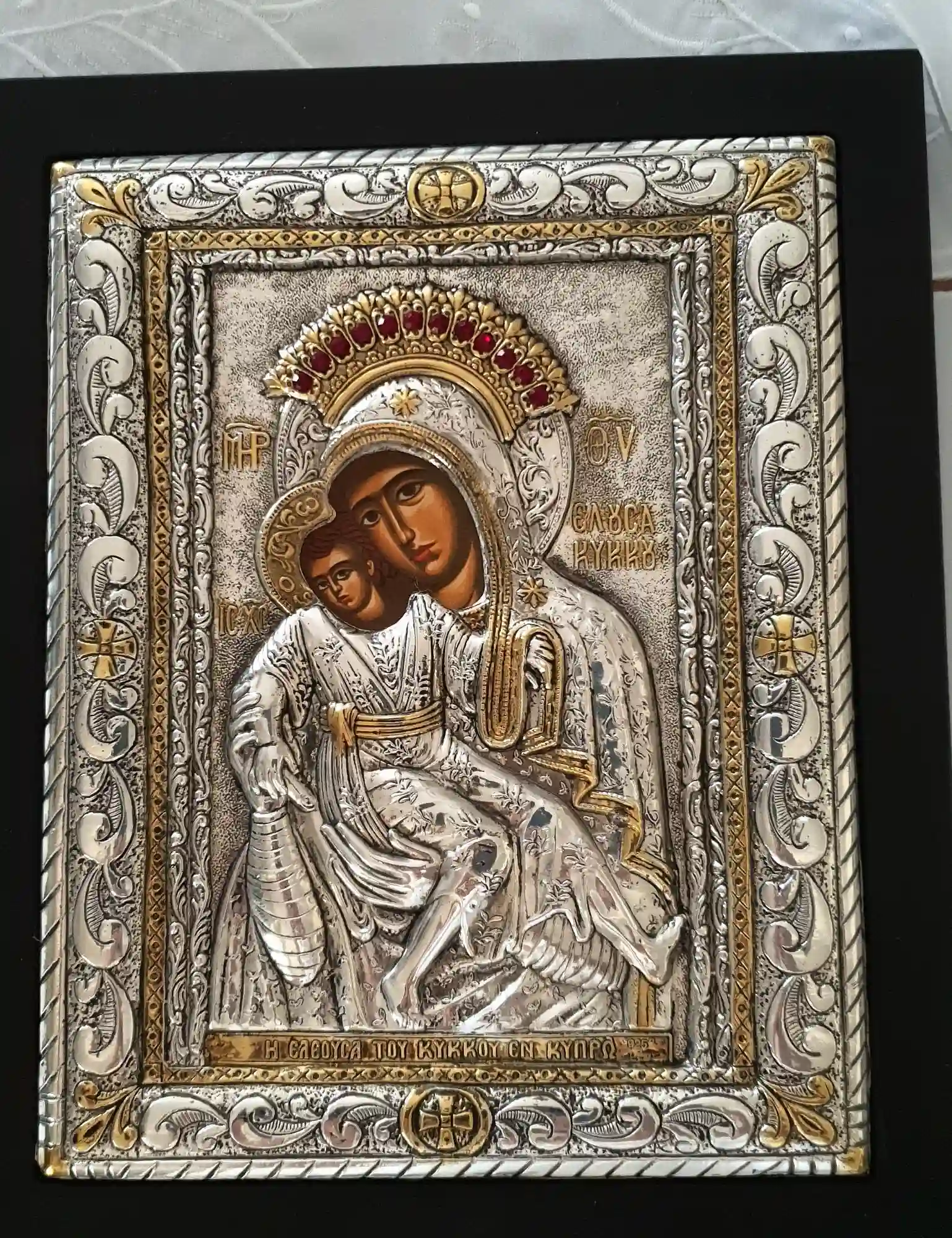 Solid Silver BYZANTINE Icon 24kt GOLD EASTERN Orthodox Russian Christian Handmade Virgin Mary Our Lady Panagia Kykko Theotoko Tarnish free 