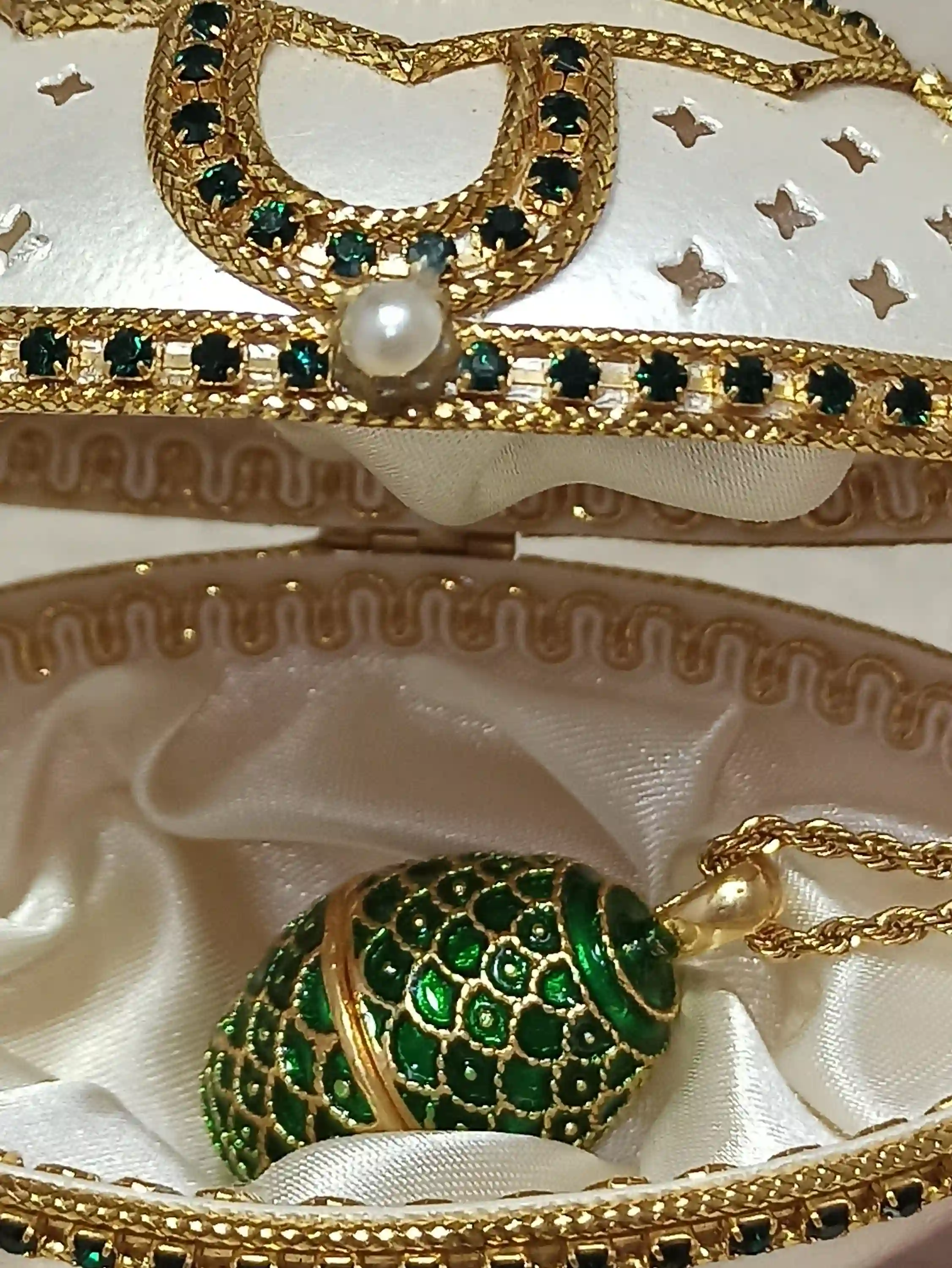 Faberge Egg May Birthstone Jewelry set Mom New Home Owner Gift May Birthday Music box Natural Handcarve EGG + 24k Gold NECKLACE + BRACELET 
