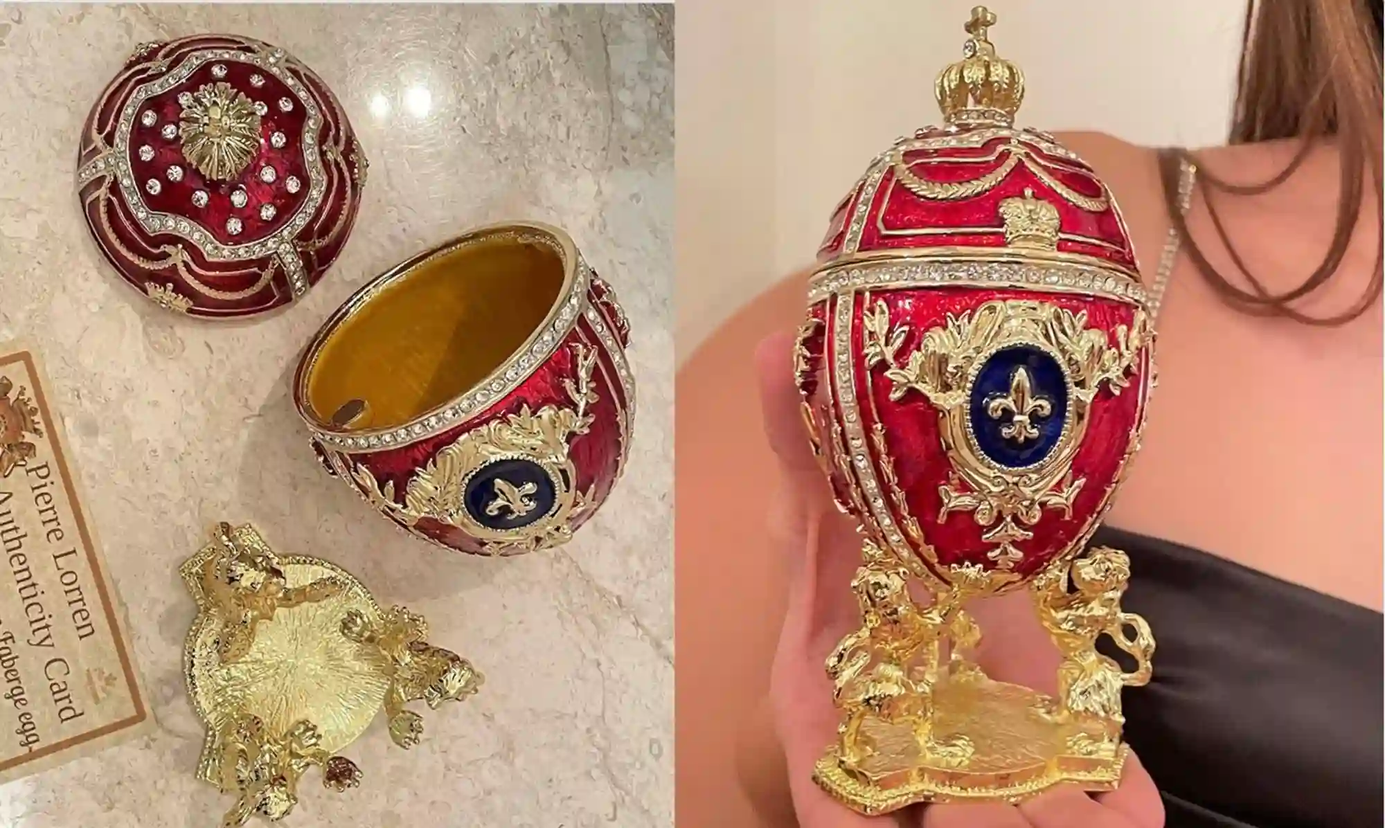 Designer GOLD Faberge egg Trinket box Fabrege Egg gift for her Faberge egg Decorative Boxes Unique Christmas present SWAROVSKI Handset 6.5