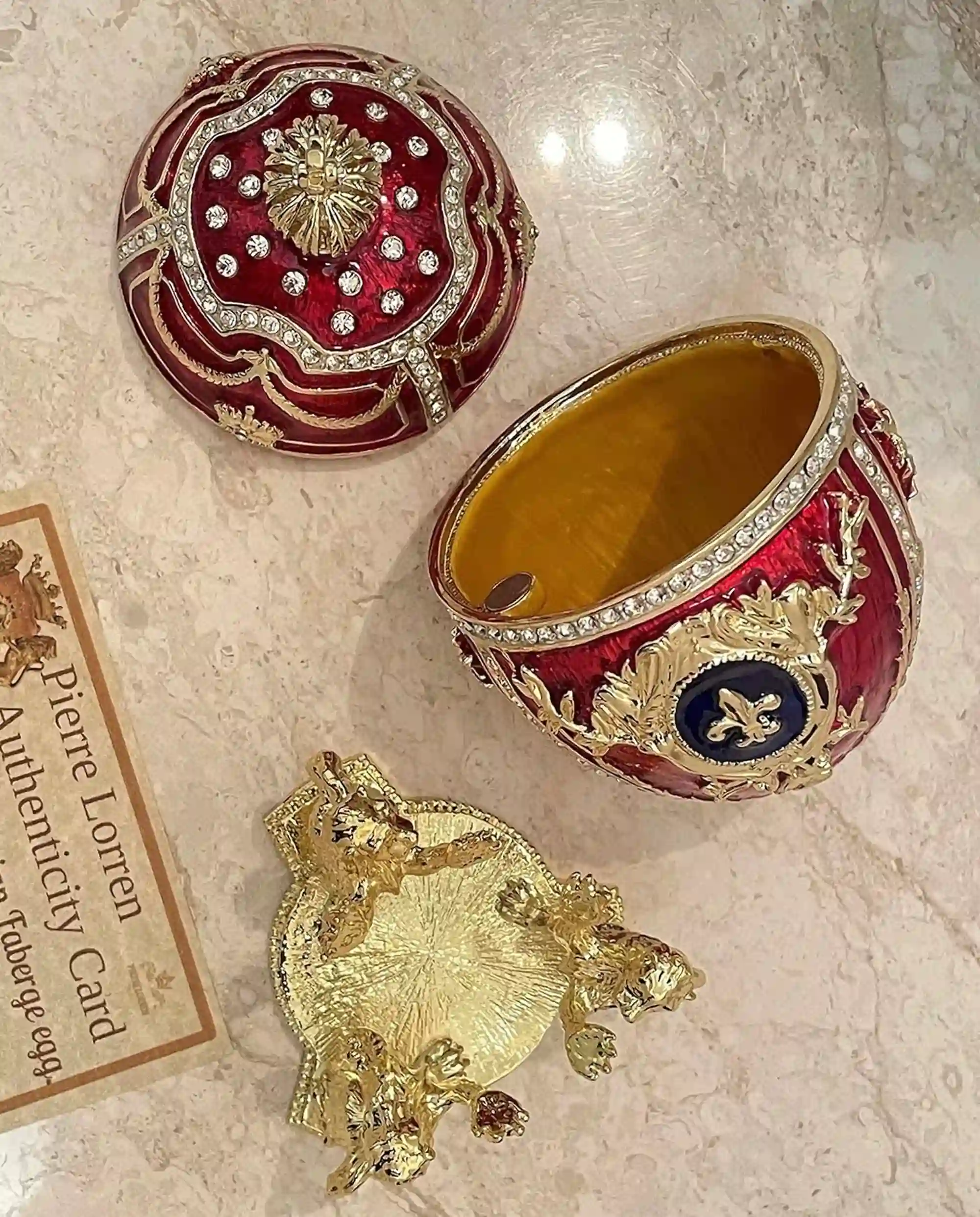 Designer GOLD Faberge egg Trinket box Fabrege Egg gift for her Faberge egg Decorative Boxes Unique Christmas present SWAROVSKI Handset 6.5