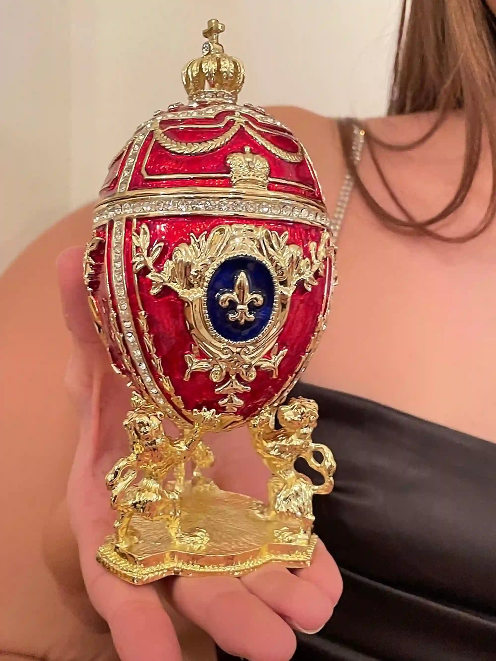 Designer GOLD Faberge egg Trinket box Fabrege Egg gift for her Faberge egg Decorative Boxes Unique Christmas present SWAROVSKI Handset 6.5