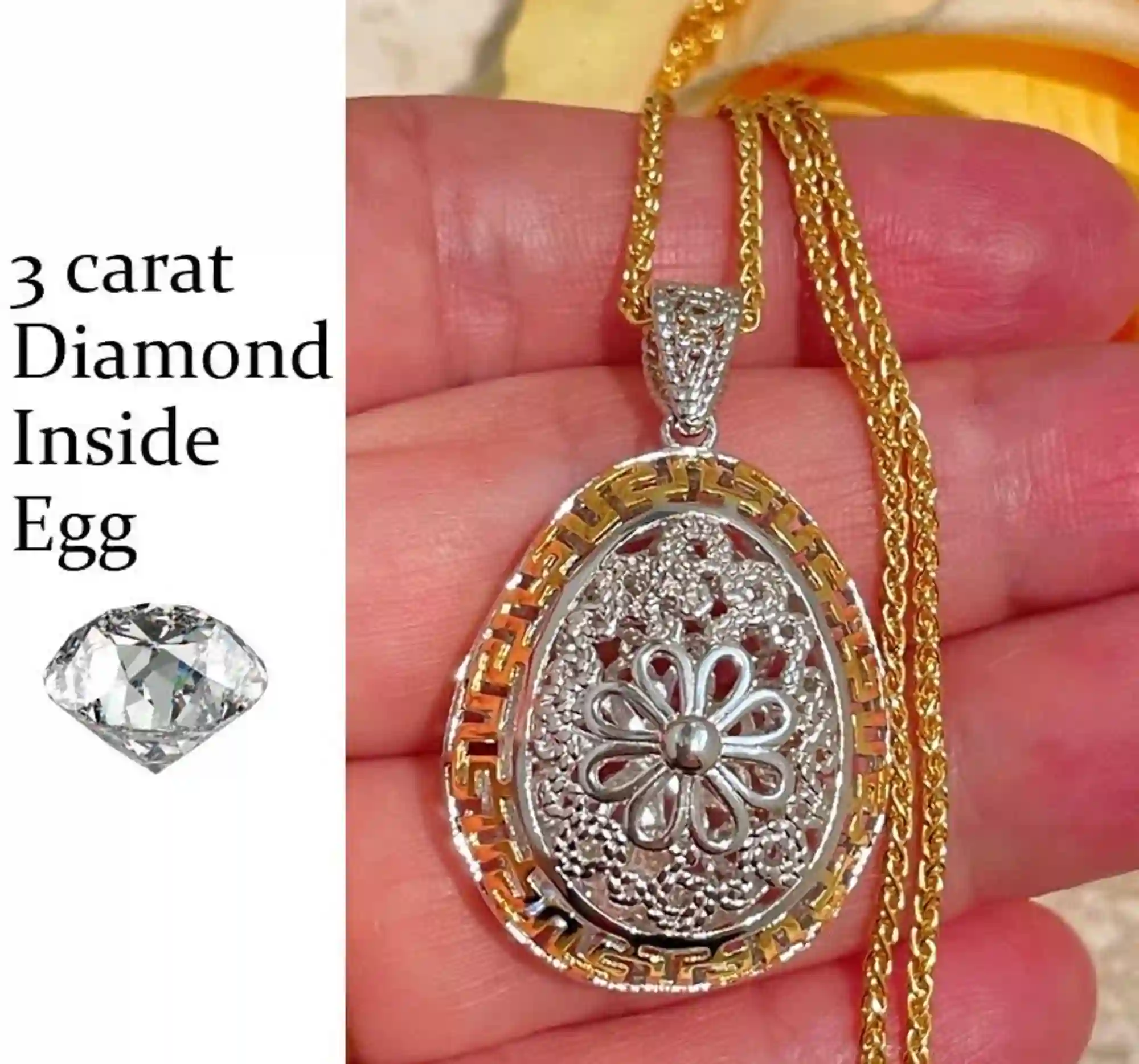 3carat, Lady DIAMOND Necklace, Faberge Egg Charm, Silver Anniversary gift for her, Christmas gift idea for women, 25th birthday , BDAY 