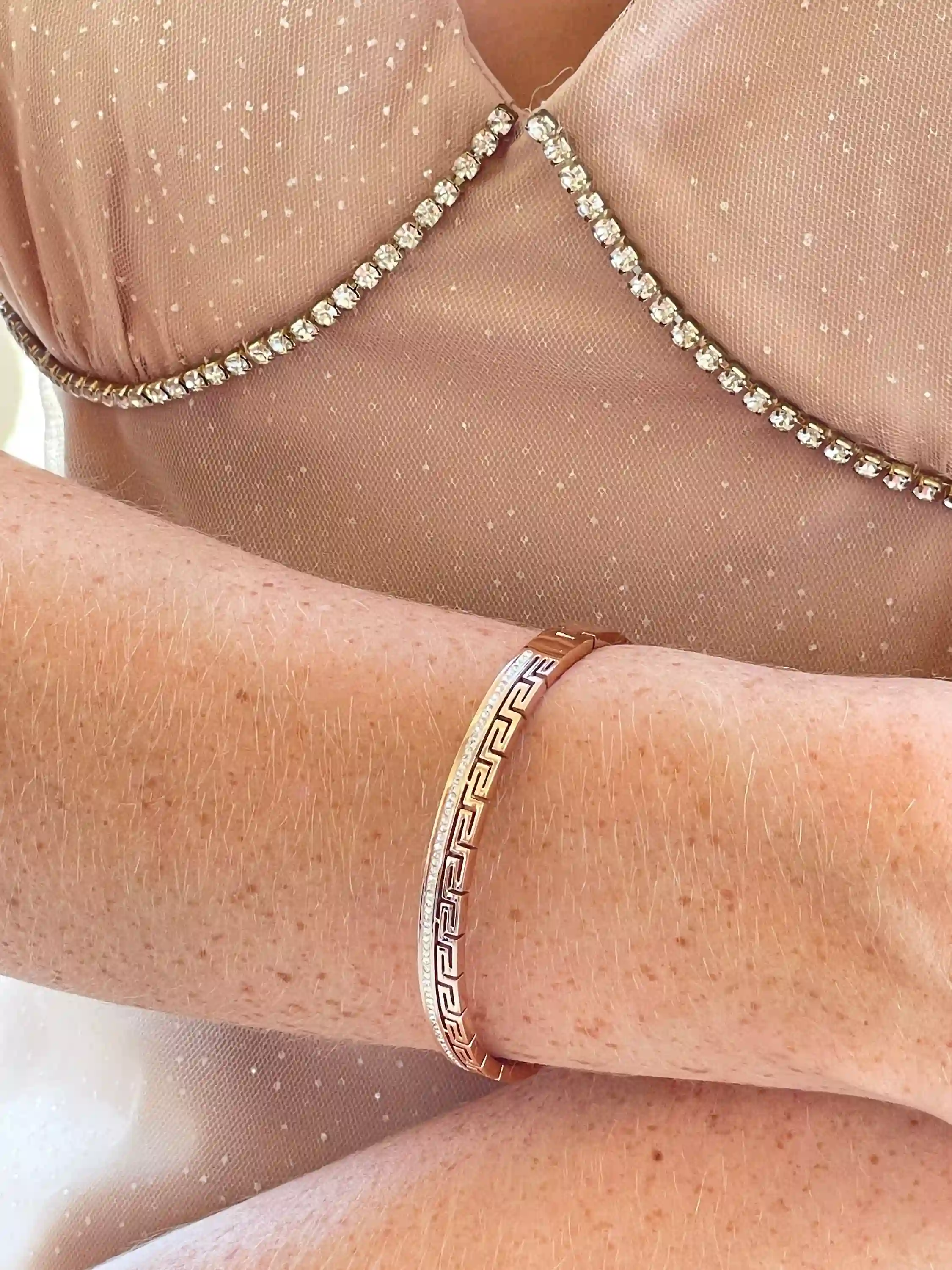 18k Rose Gold Bracelet Meander bracelet Greek Key bracelet Ancient Greek Jewellery Bangle Bracelet Geometric Bracelet for women 58 Swarovski 