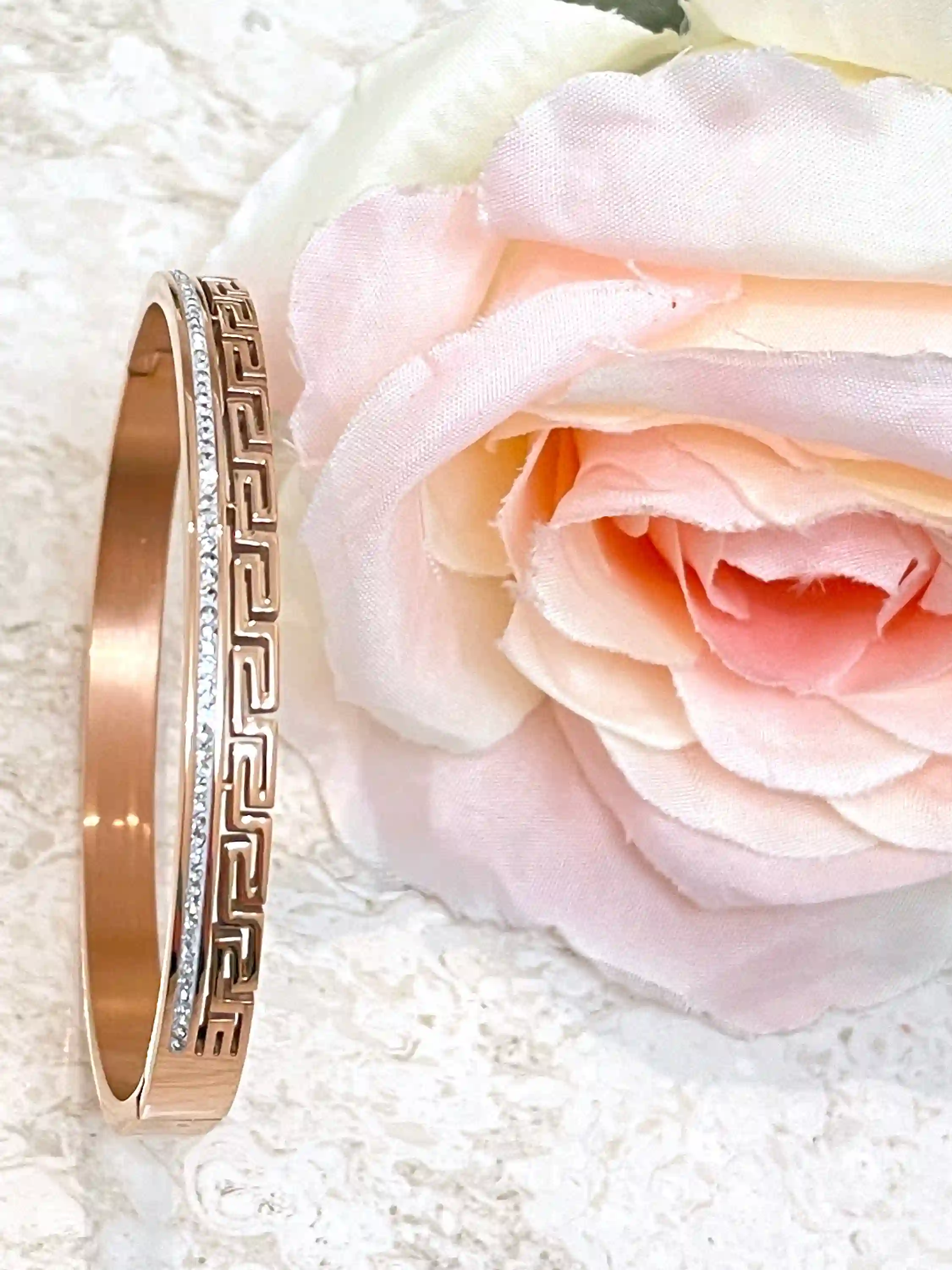 18k Rose Gold Bracelet Meander bracelet Greek Key bracelet Ancient Greek Jewellery Bangle Bracelet Geometric Bracelet for women 58 Swarovski 