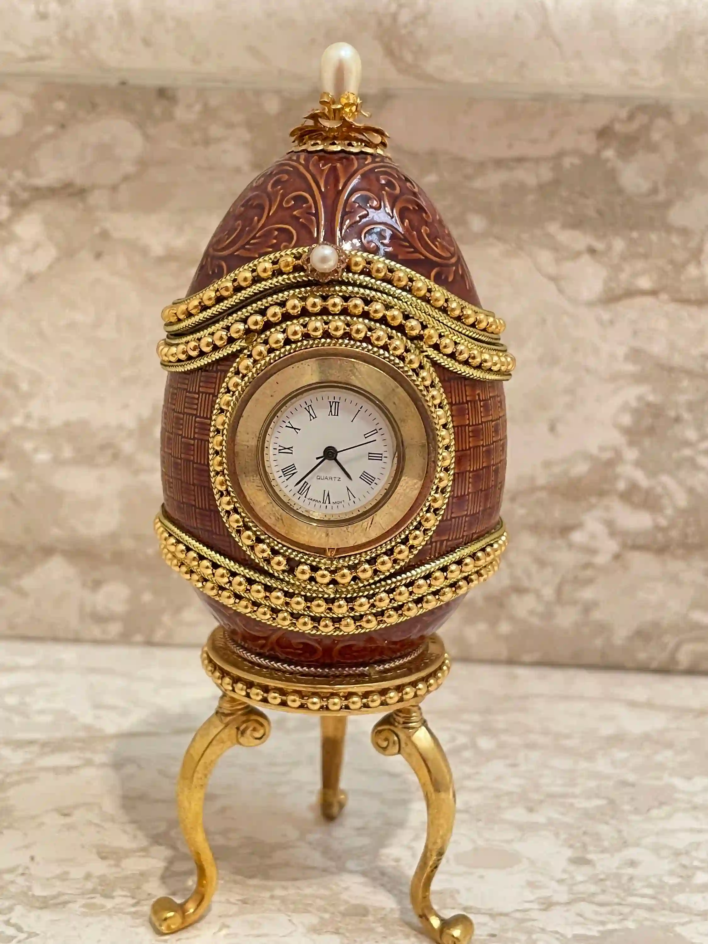 1992 Vintage Clock Faberge egg style Antique Egg for Father Inlaw Faberge egg 24k GOLD HandCarved Natural Faberge egg Christmas Gift for him 