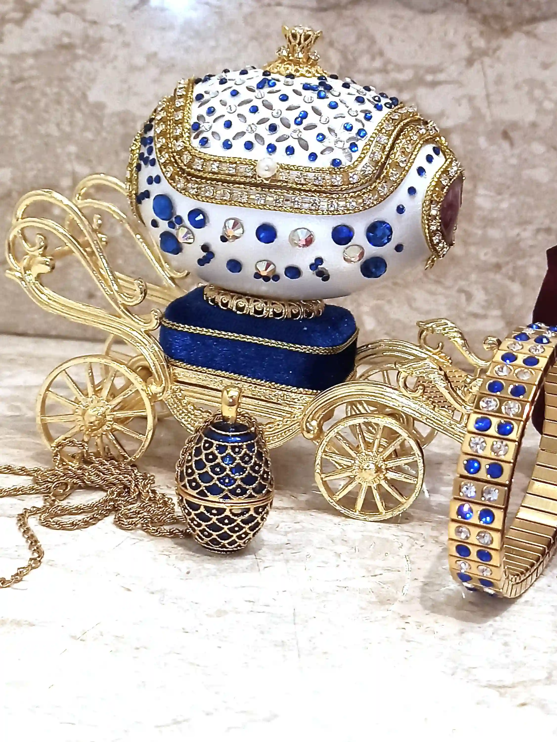 Faberge Egg Jewelry box, Plus Faberge NECKLACE, Austrian Crystal Sapphire BRACELET, 24k GOLD, Musical, Graduate, Birthday Gift Wife New Mom 
