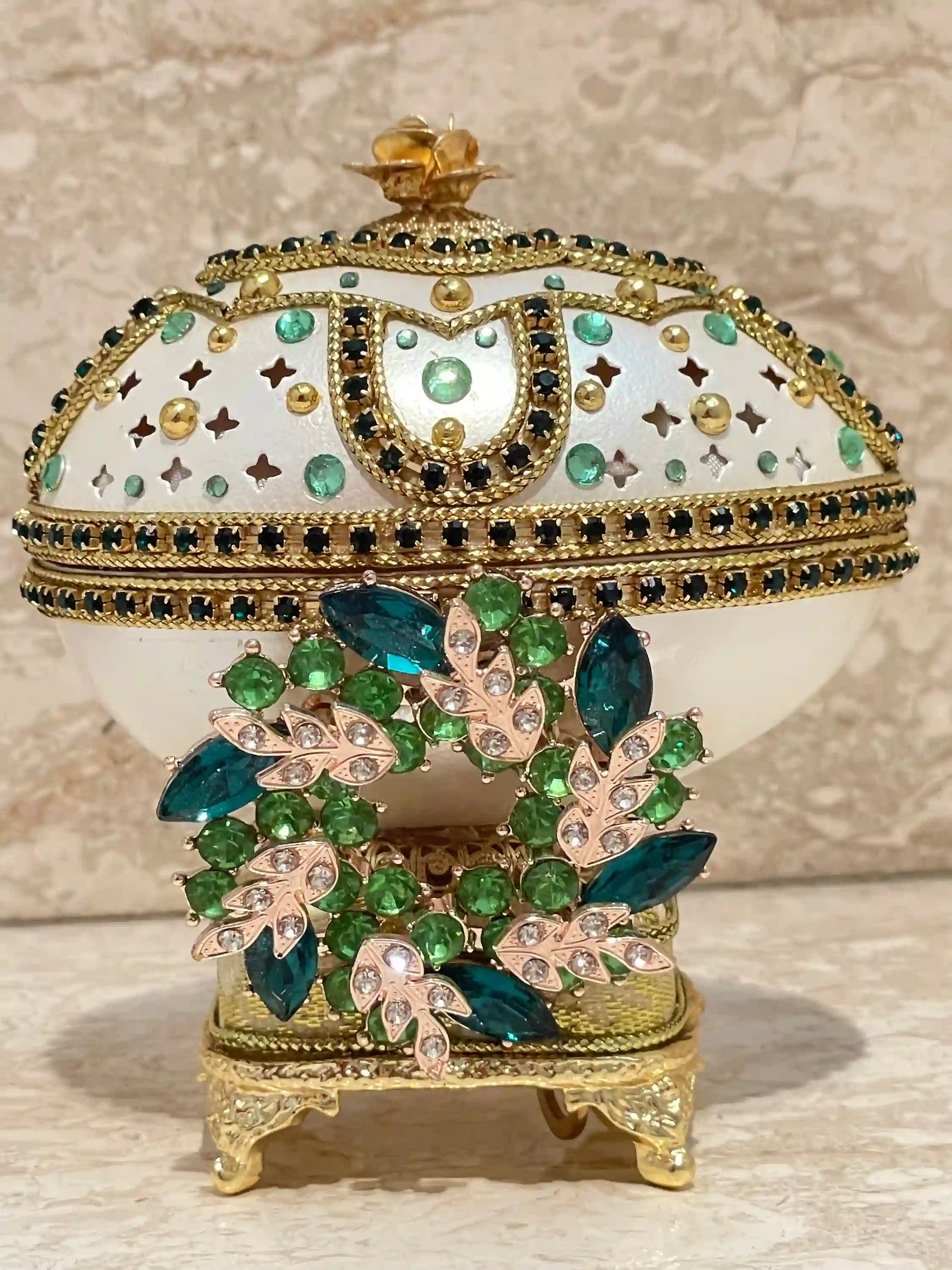 ONE OF A KIND - Antique Faberge egg style .Egg + Faberge jewelry - Faberge Egg Music Box - Decorative Faberge Egg - Crown Regal Collection 