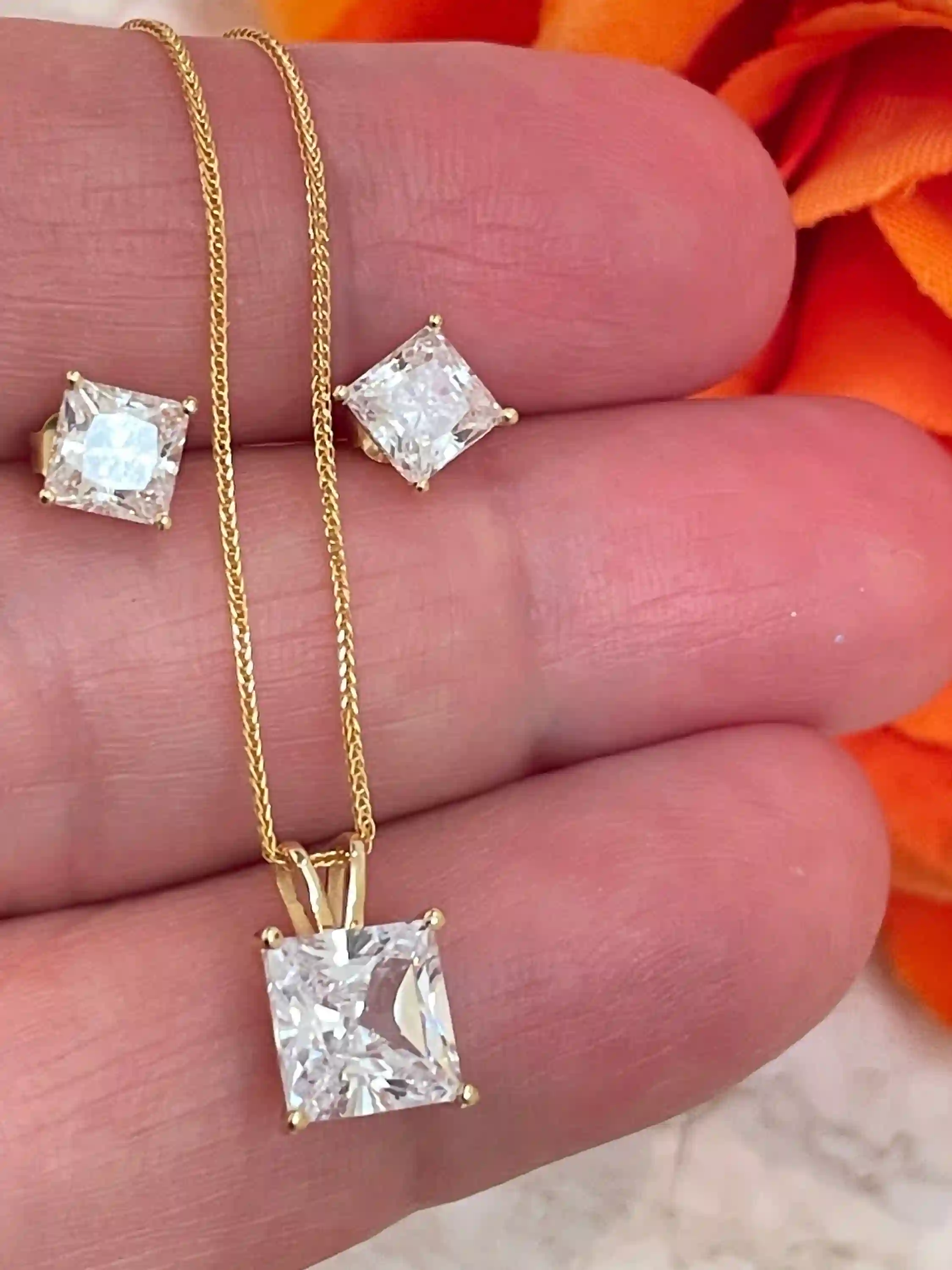 3.5ct - Solid 18k Gold Diamond Necklace Square Pendant Solitaire Earrings Diamond Stud Lab Created Diamond Jewelry SET Anniversary wife gift 