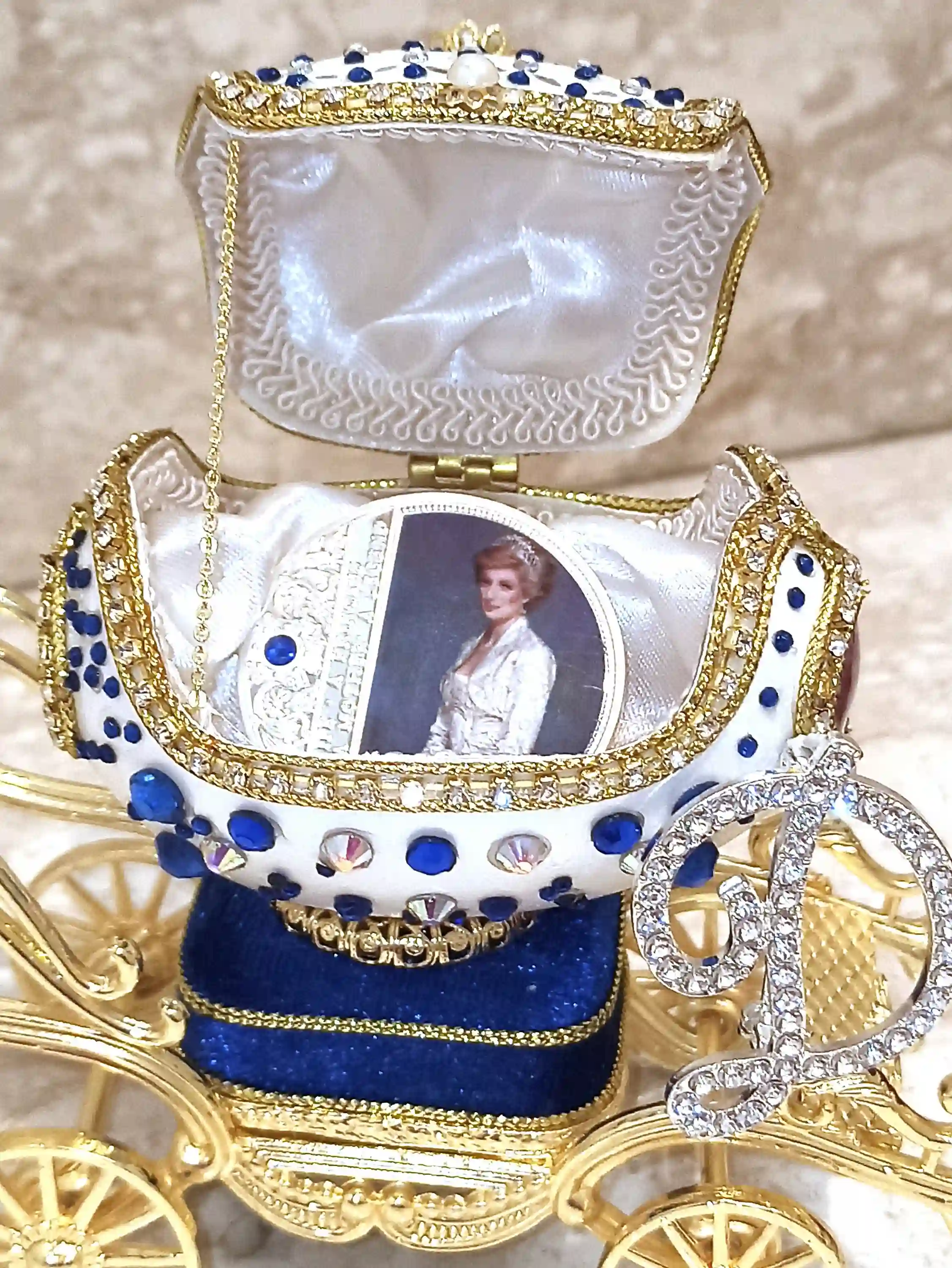 Luxury Antique Princess Diana Memorabilia Gift, Faberge Egg Music Box,Royal Diana Silver Coin Jewelry box,Faberge egg Trinket box 24kt 