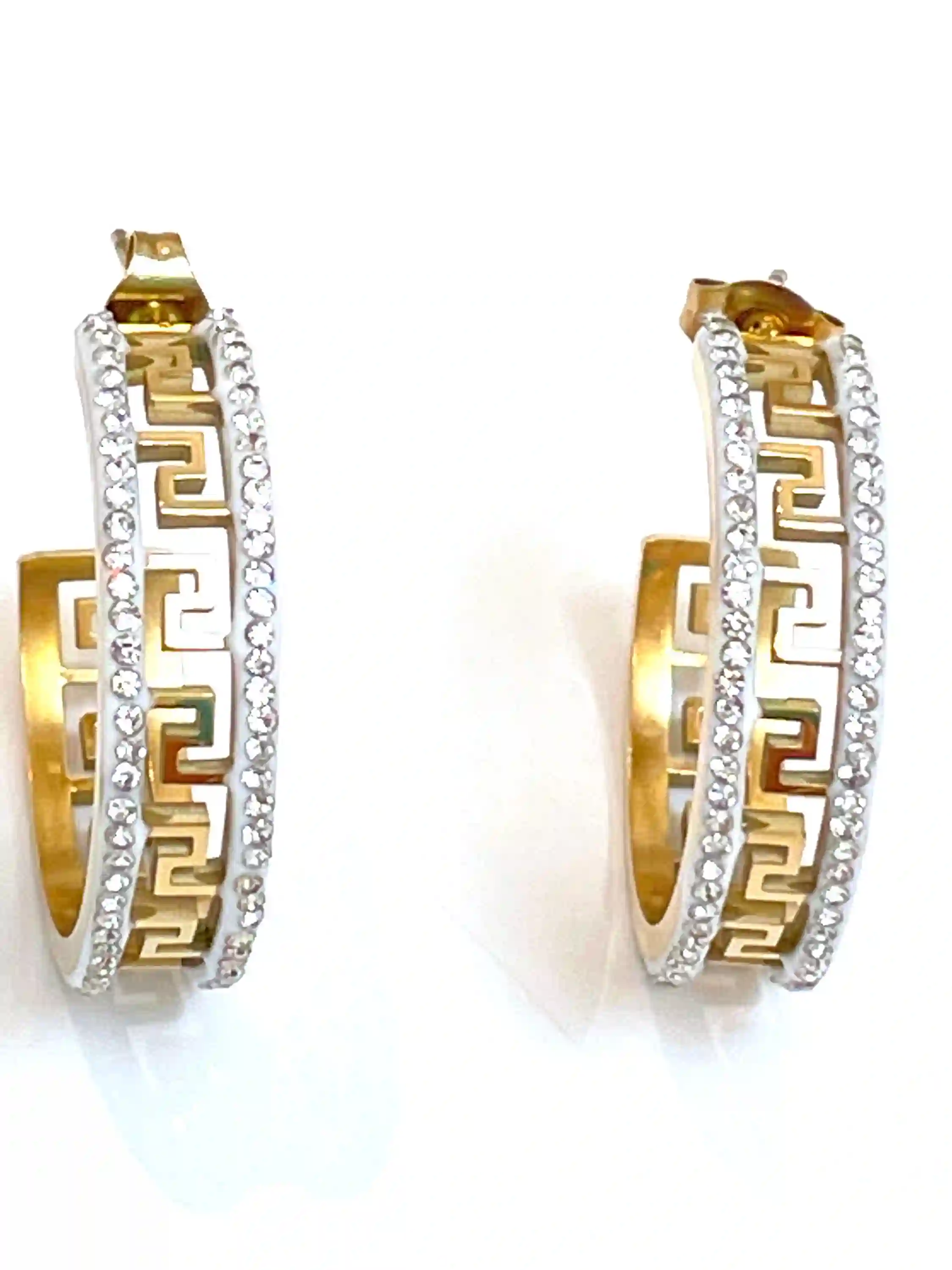 18k Yellow Gold Greek Key Design Diamond Meander Earrings Greek Key Hoop Earrings Greek Key Pattern Jewelry 136 Austrian Crystal Diamonds 