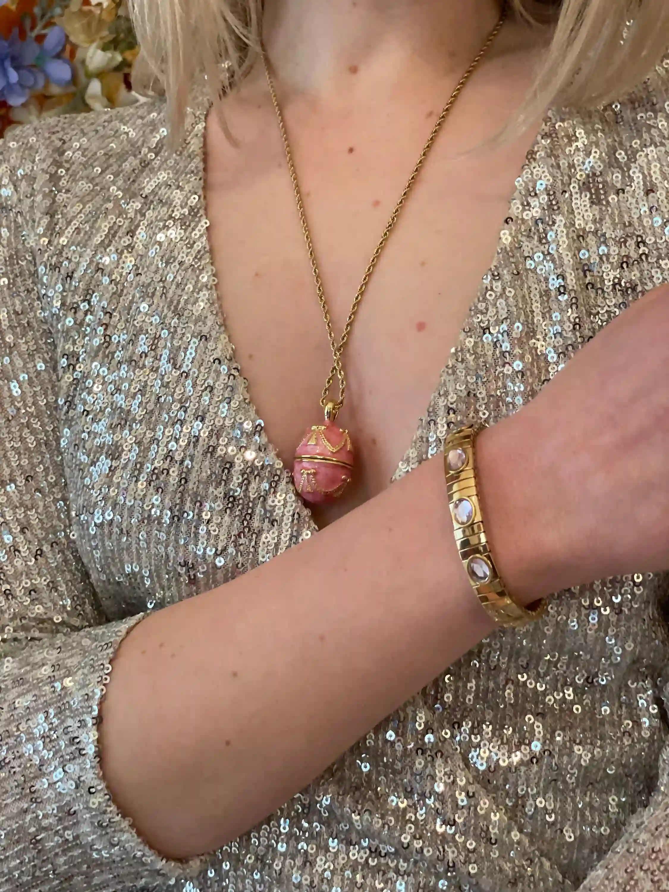 Faberge - 24k Gold Handmade - Faberge Egg pink Necklaces SET - Faberge Easter Egg Pendant - Faberge egg Jewelry for Ladies -Egg Locket Gift 