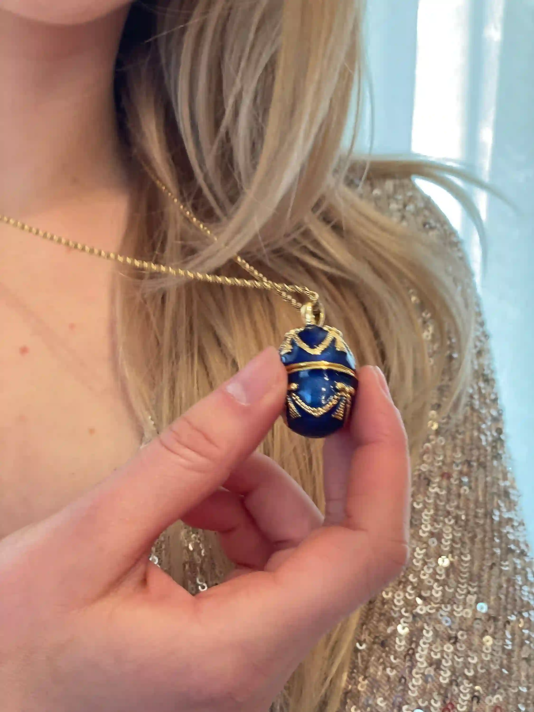 Luxury SAPPHIRE Blue Necklace - 24k GOLD -Guilloche Enamel- Faberge Egg Pendant Necklace Blue -23.5