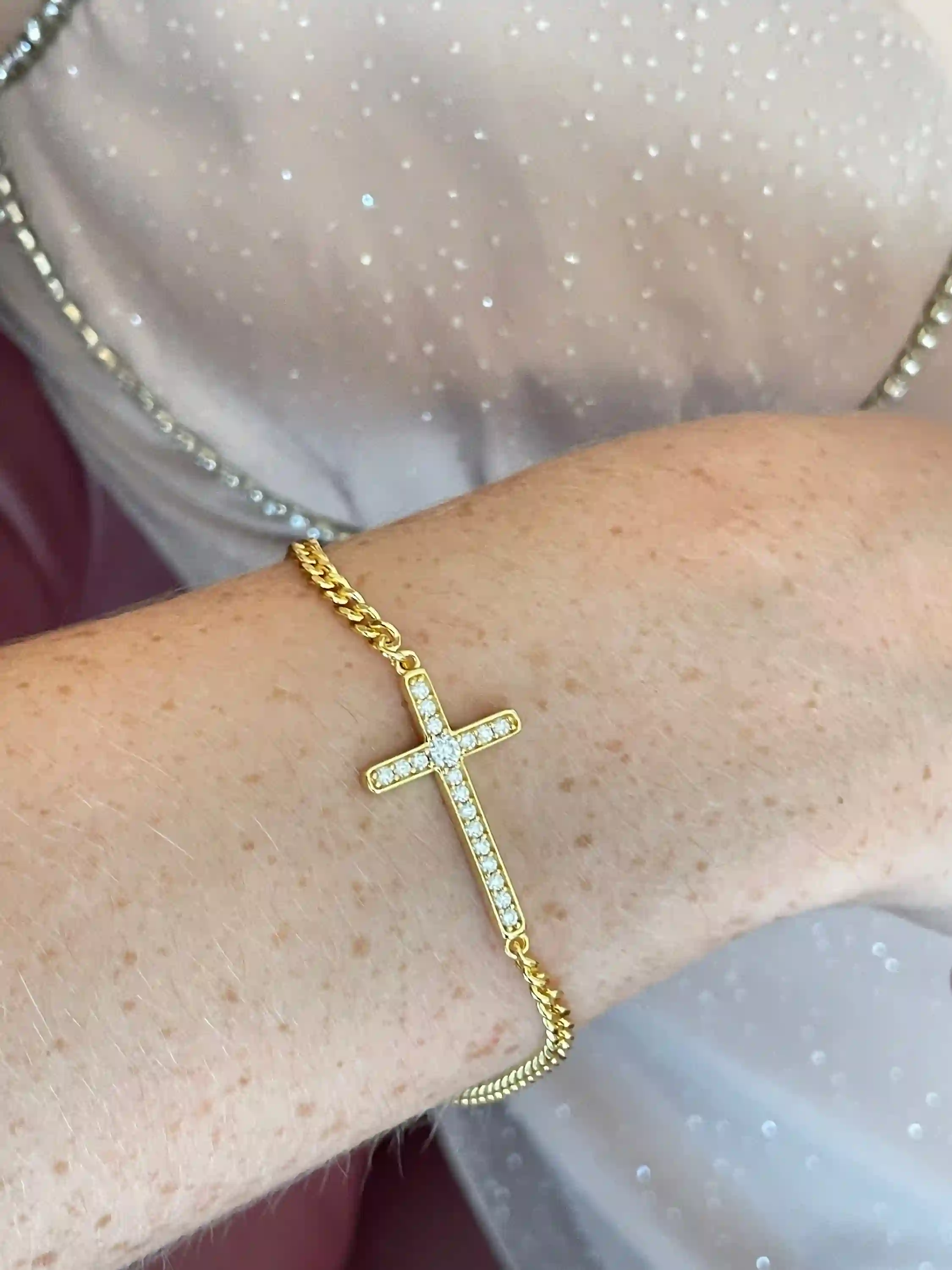 18k Gold Bracelet Cross Diamond Bracelets Religious Cross Christian Jewelry Yellow Vermeil Criss Cross Diamond bracelet Protection Jewelry 