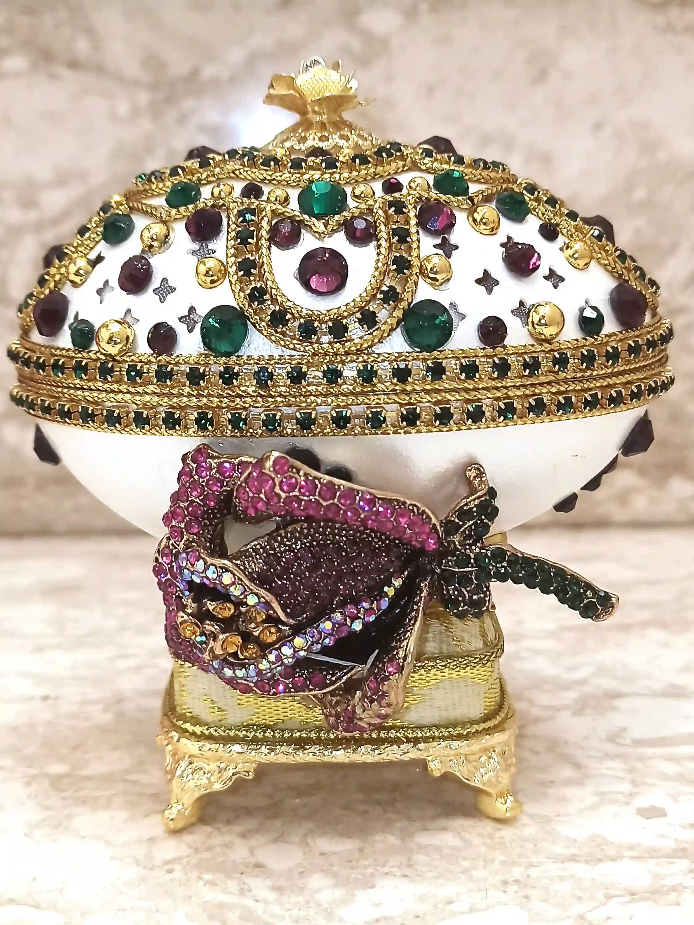 One Of A KIND Luxury Christmas Gift Faberge Egg Music Box ANTIQUE Jewelry Box Faberge egg style PENDANT Locket Amethyst Bracelet 24k Gold 