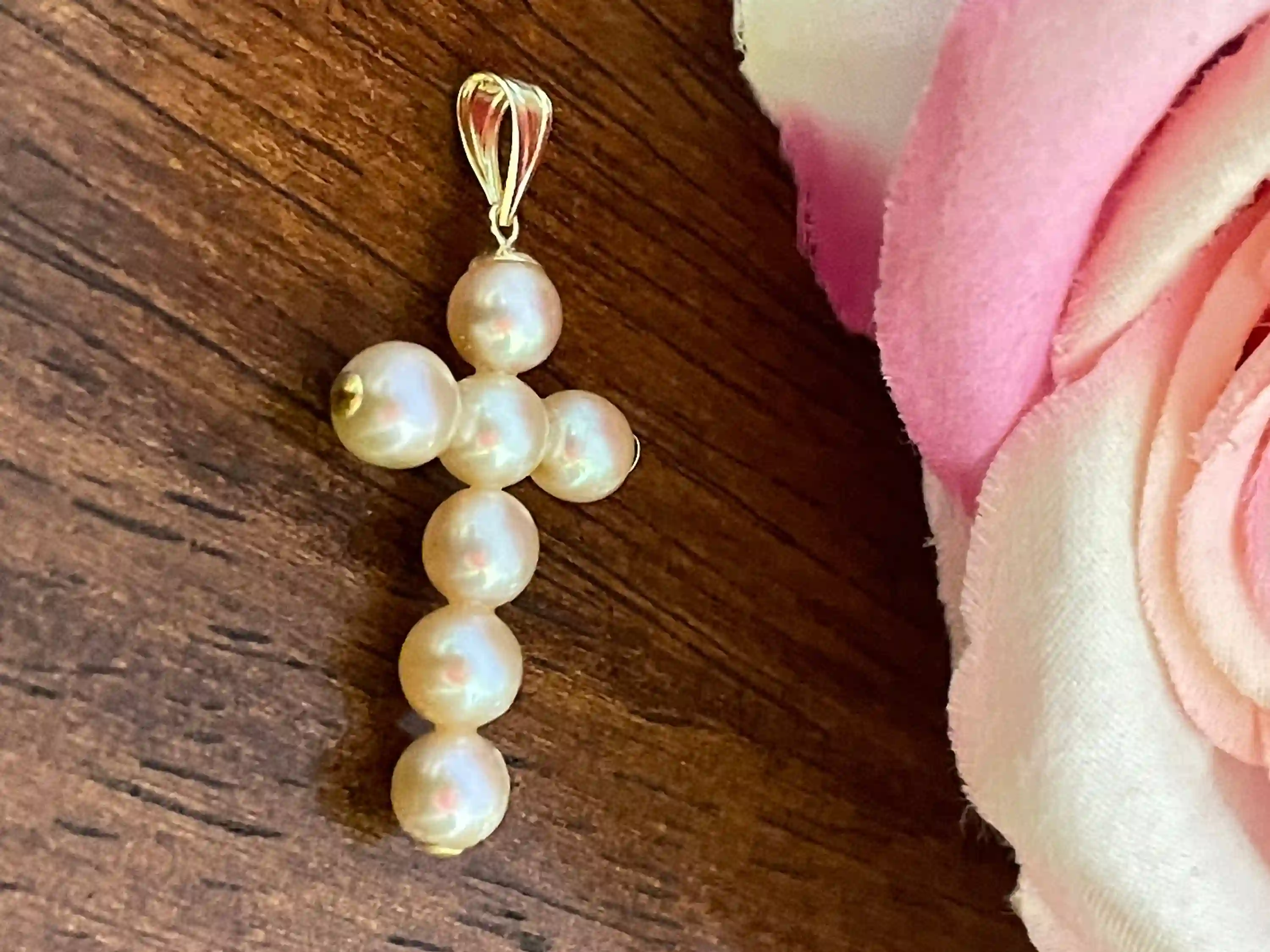Solid 18k Gold Cross Pendant Natural Pearl Necklace Pearl Cross Pendant Handmade Jewelry Christian Fine Jewelry with 18kt Gold Inserted End 